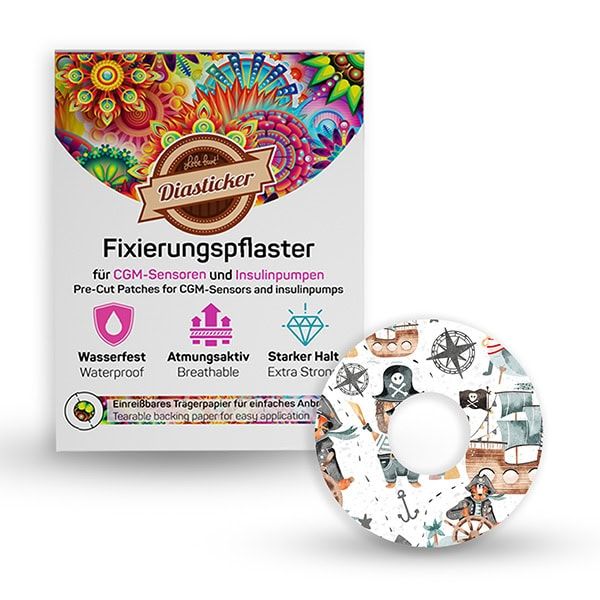 Fixierpflaster mit Piratenmuster und Verpackung. Verpackung mit Produktinformationen und Logos. Pflaster rund mit Loch in der Mitte.