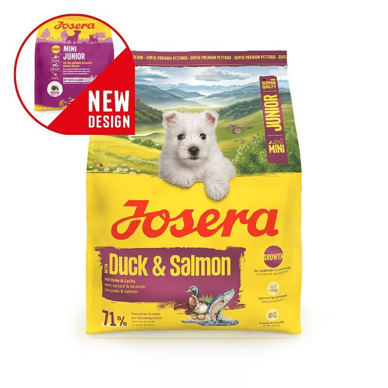 Josera Mini Junior Ente & Lachs Hundefutter: Gelbe Packung mit Welpenbild, Hinweis 'New Design', Enten- und Lachsabbildung.