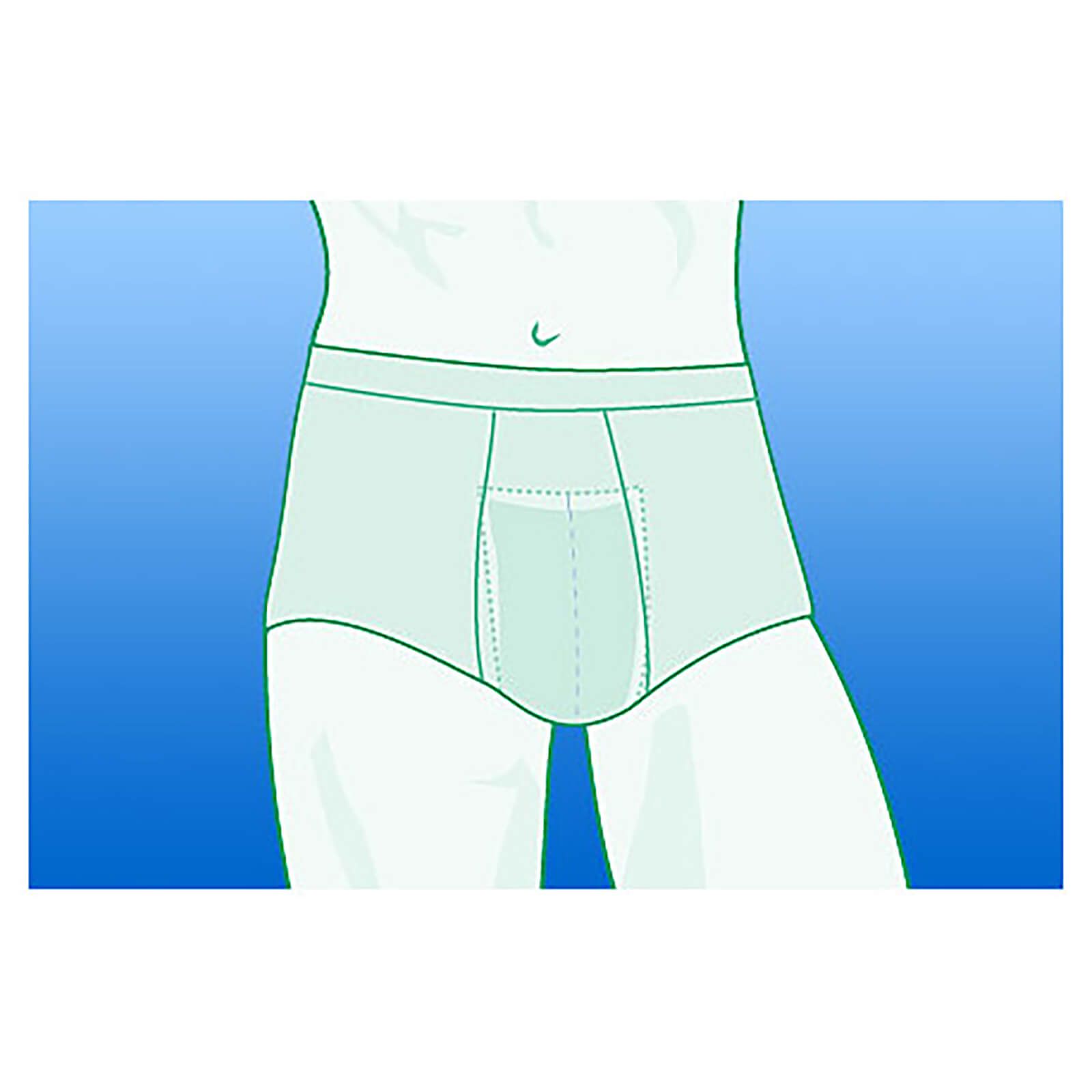 Illustration: Unterhose mit integriertem Schutzbereich. Hellgrüne Farbe, auf blauem Hintergrund.