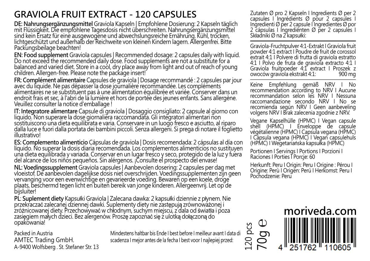 Rückseite der Verpackung mit Informationen zu Graviola-Kapseln. Enthält Nährwertangaben, Dosierung, Inhaltsstoffe und Hersteller.