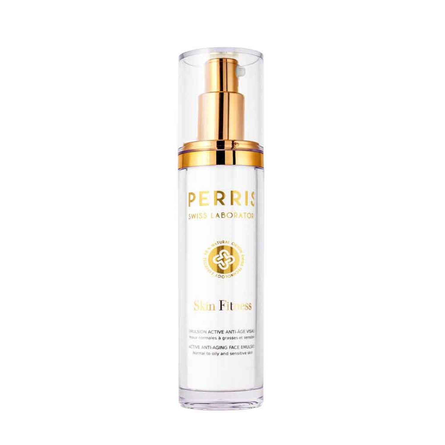 Hautemulsion in einer weißen Flasche mit goldenem Pumpkopf. Aufschrift: Perris Swiss Laboratory, Skin Fitness.