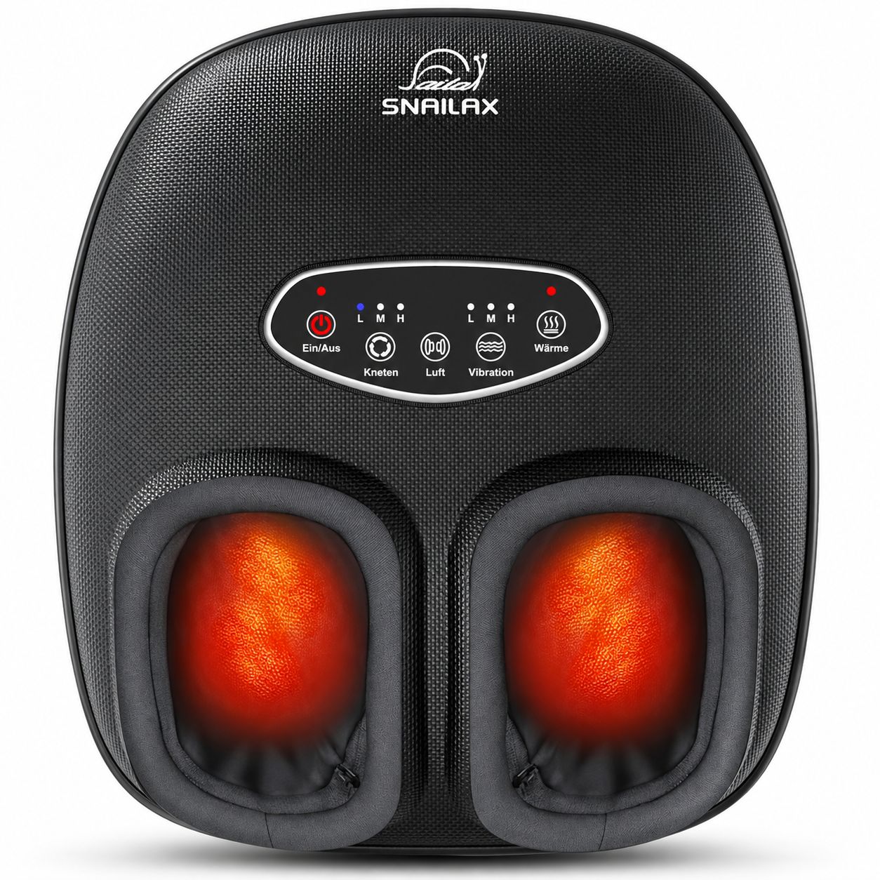 Schwarzes Fußmassagegerät mit Heizung, Kneten, Luftdruck und Vibrationsfunktion.