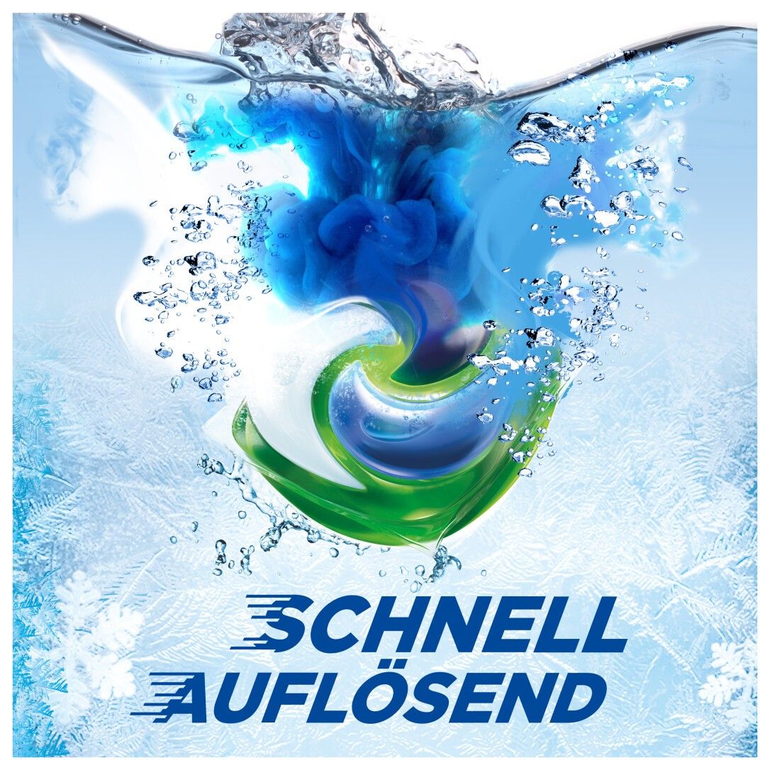Ein Ariel All-in-1 Pod in Wasser. Text: Schnell auflösend.