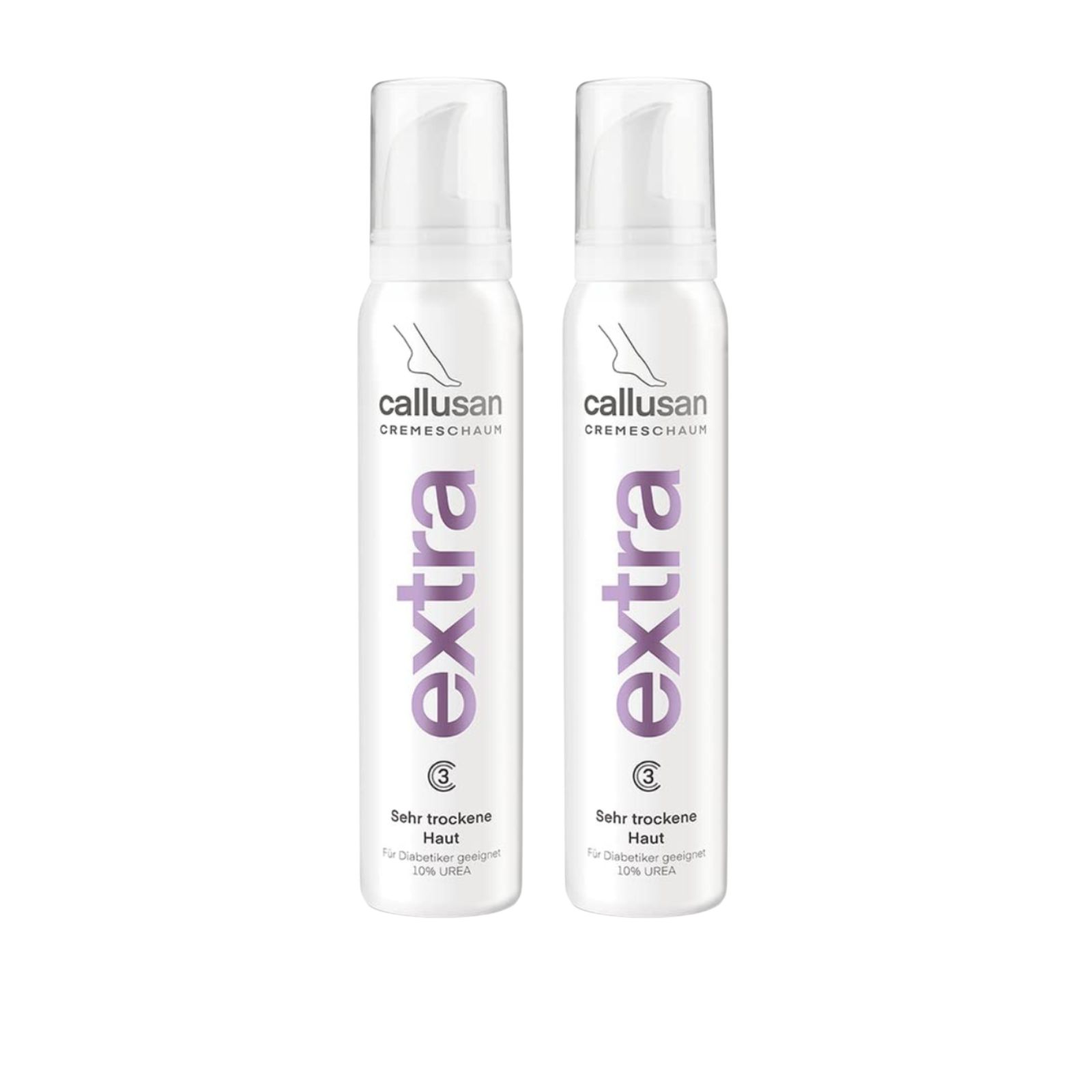 Zwei weiße Sprühdosen mit lila Schriftzug "extra" und "callusan Cremeschaum". Aufschrift "Sehr trockene Haut".
