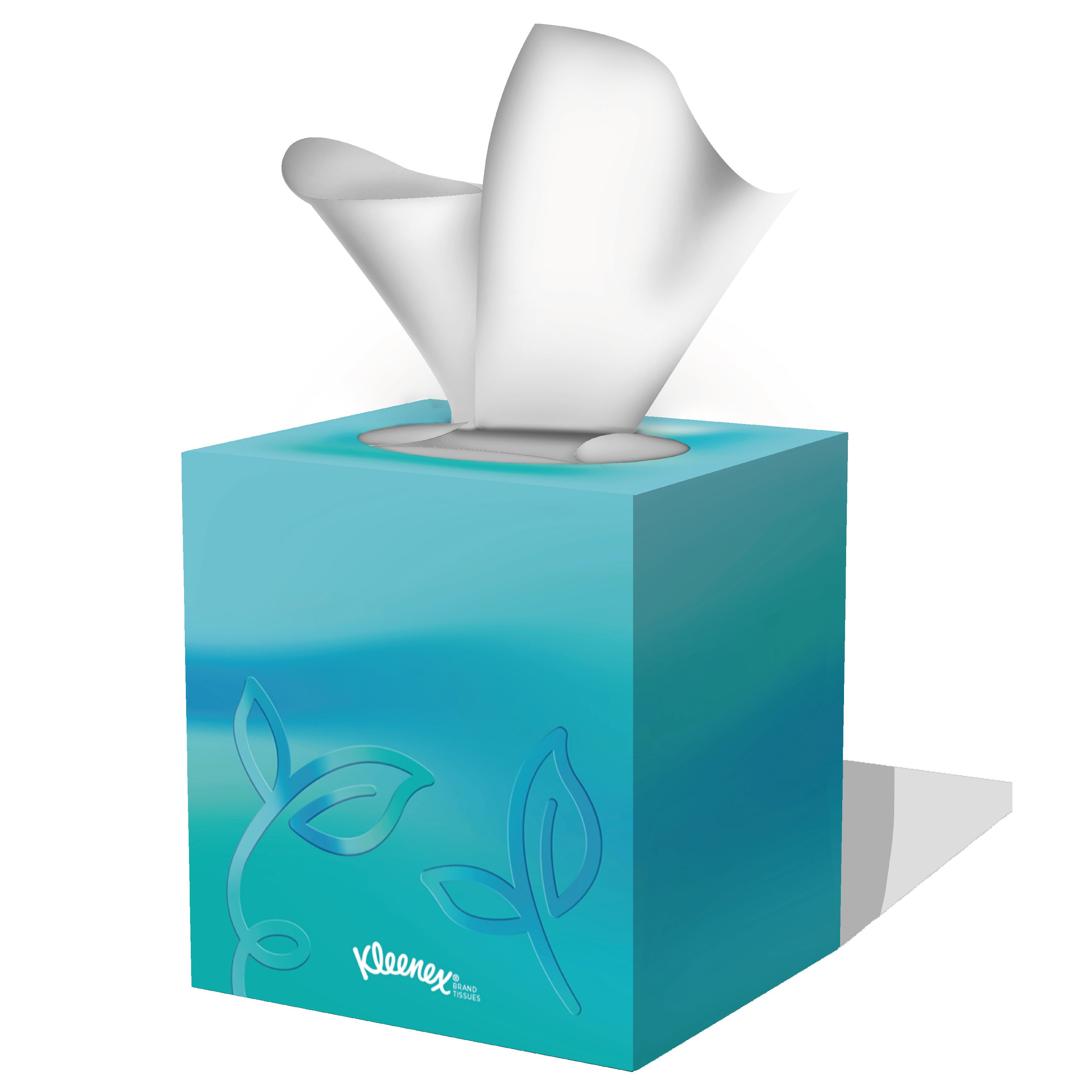 Kleenex Box mit Taschentüchern. Blattmotiv. Taschentücher ragen heraus. Kleenex-Logo. Quadratische Form.