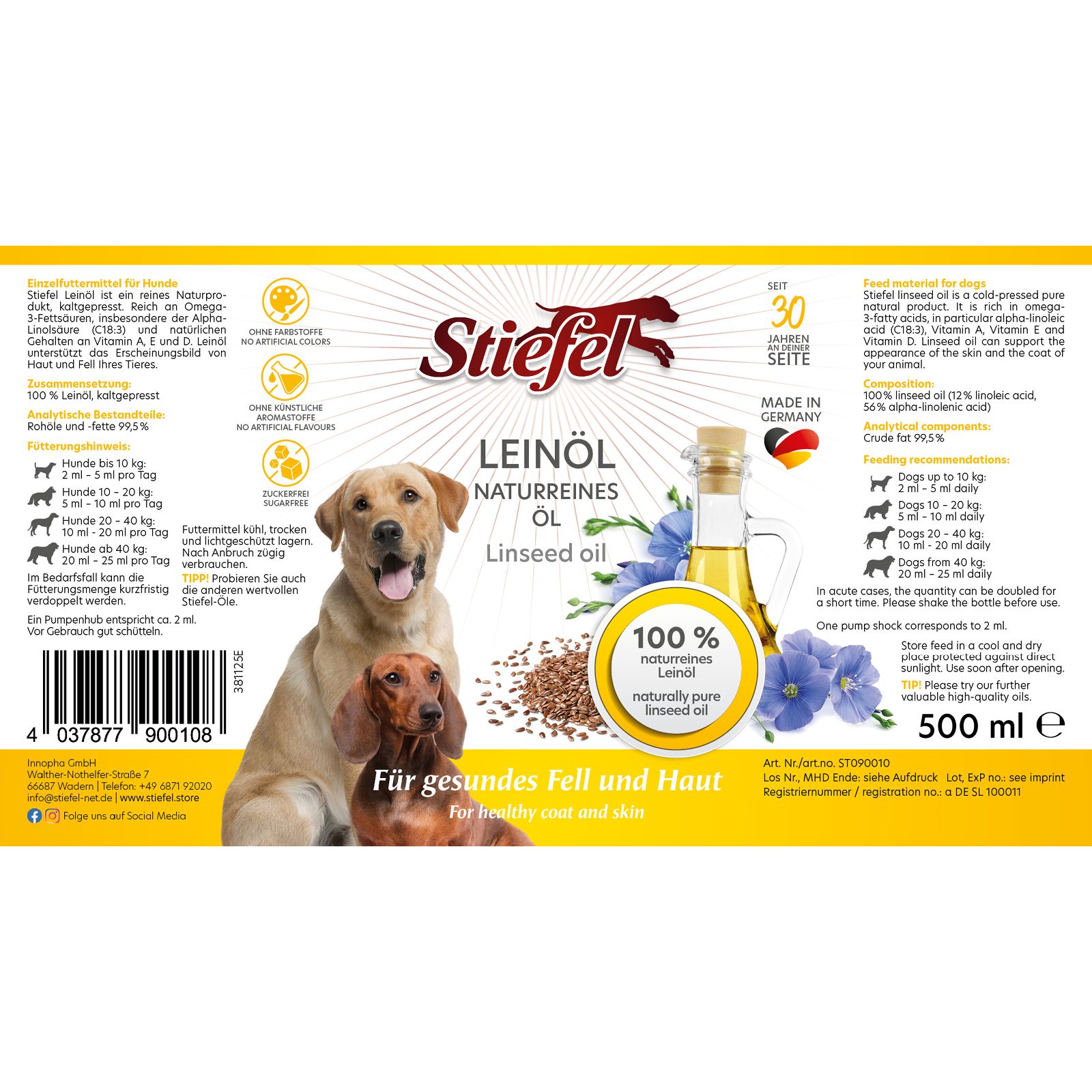 Etikett von Stiefel Leinöl. Enthält Leinöl für Hunde. Mit Abbildungen von Hunden, Leinsamen und einer Ölflasche. Text: Für gesundes Fell und Haut.