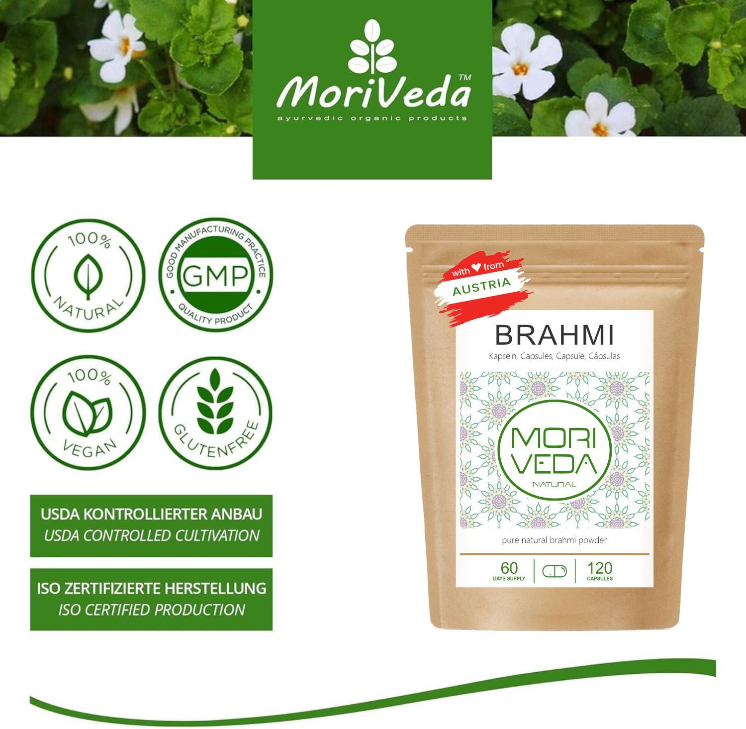 Braune Tüte mit weißem Etikett. Aufschrift BRAHMI, MORI VEDA, Kapseln. Logos: 100% Natural, Vegan, Glutenfrei, GMP.