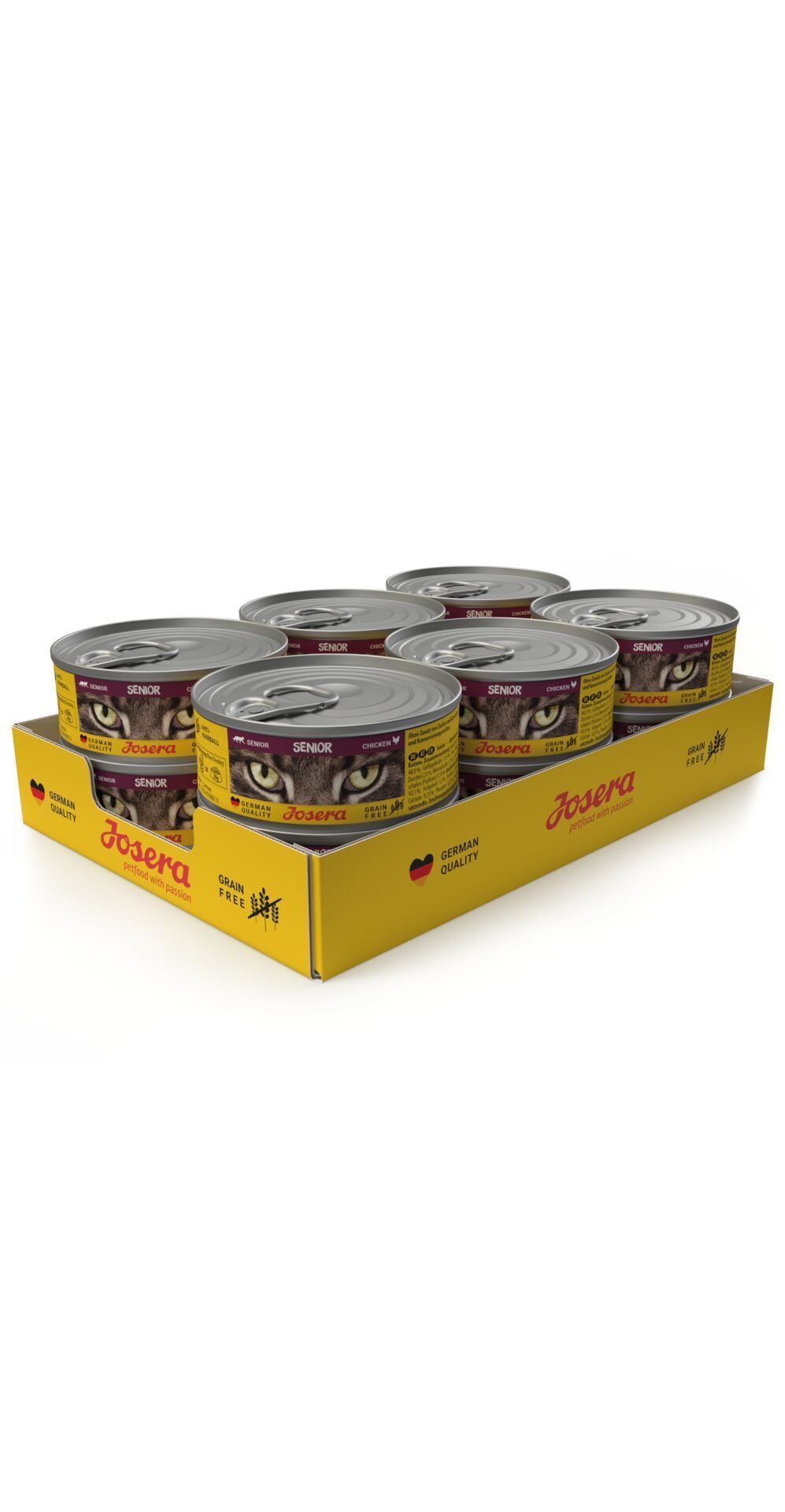 Packung mit 6 Josera Senior Katzenfutter-Dosen. Getreidefrei.