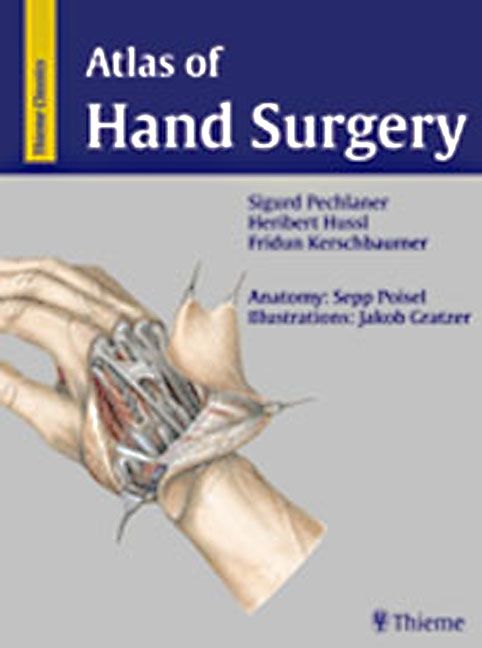 Buchcover: "Atlas der Handchirurgie". Titel und Autoren sichtbar. Illustration einer Hand mit anatomischen Details.
