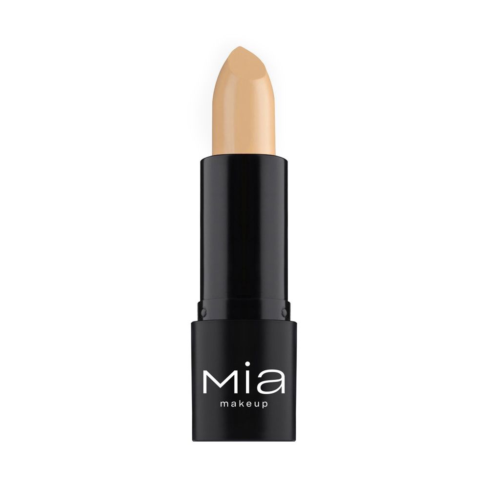 Correttore in stick Mia Makeup Minimize HD. Lo stick nero mostra il correttore in una tonalità chiara della pelle. Lo stick è estratto dalla confezione per mostrare la punta del prodotto. Il prodotto è in un involucro nero con il logo Mia Makeup.