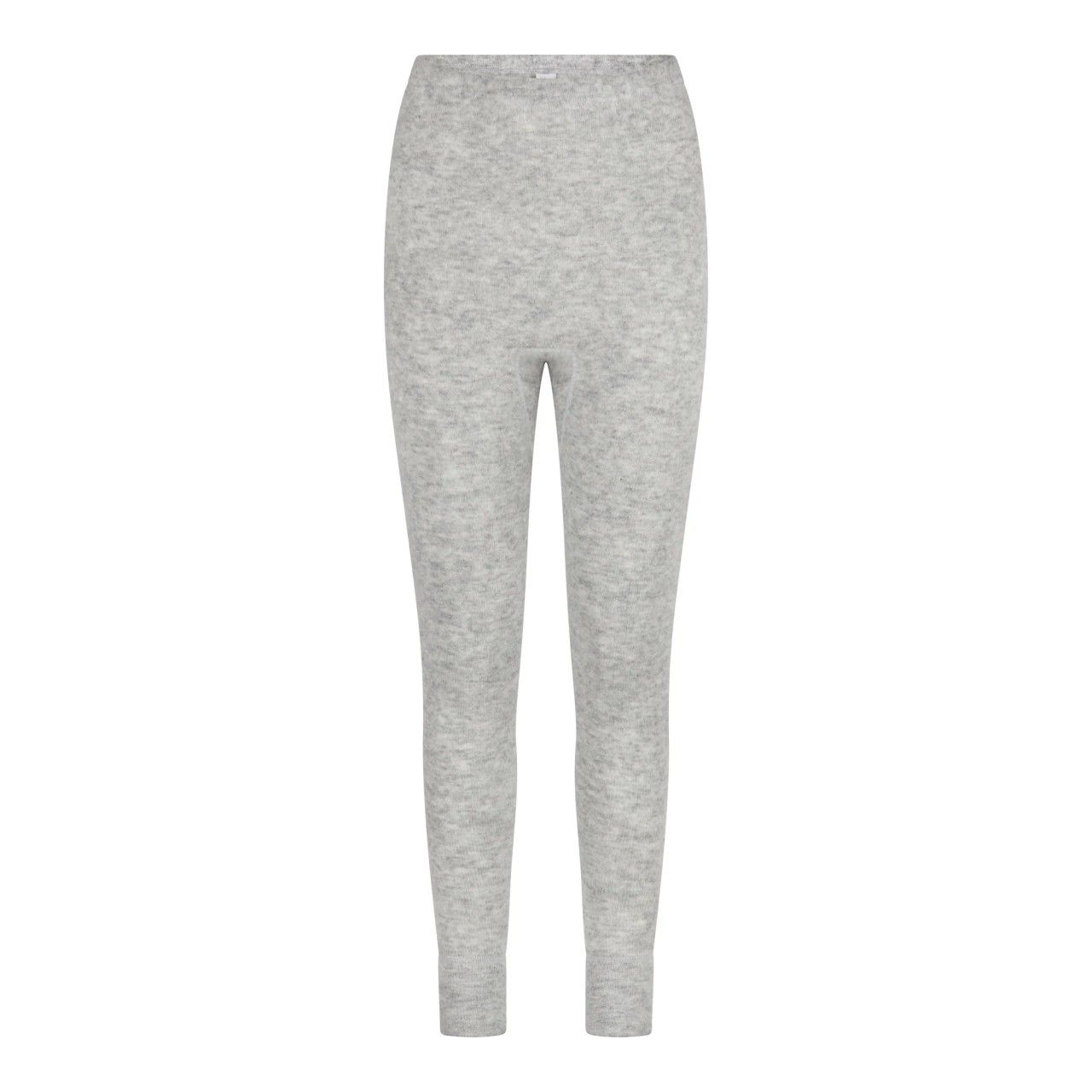 Hellgraue Leggings. Eng anliegend, aus weichem Material. Hoher Bund, lange Beine. Blick von vorne.