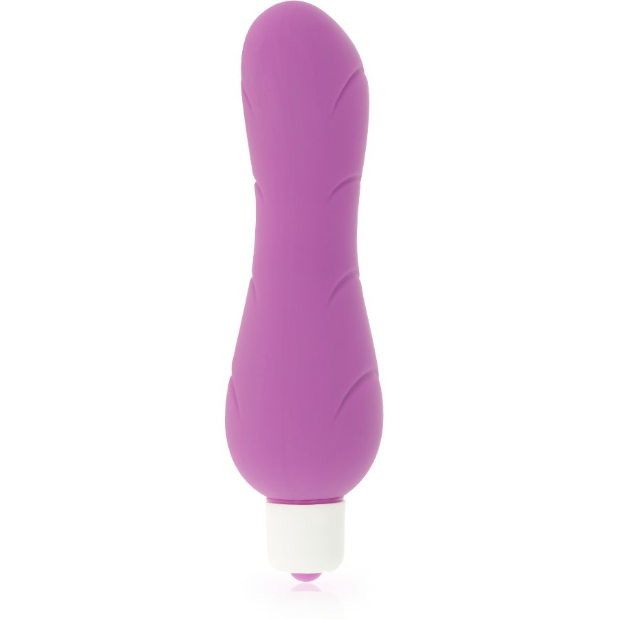 Lila Vibrator aus Silikon mit weißem Kopf. Geschwungene Form mit drei Rillen.