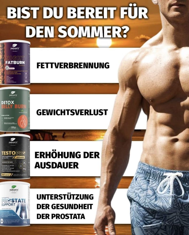 Mann mit muskulösem Körper neben vier Nature's Finest Produkten: Night Fatburn, Detox Belly Burn, Testo Pro, Prostate Support.