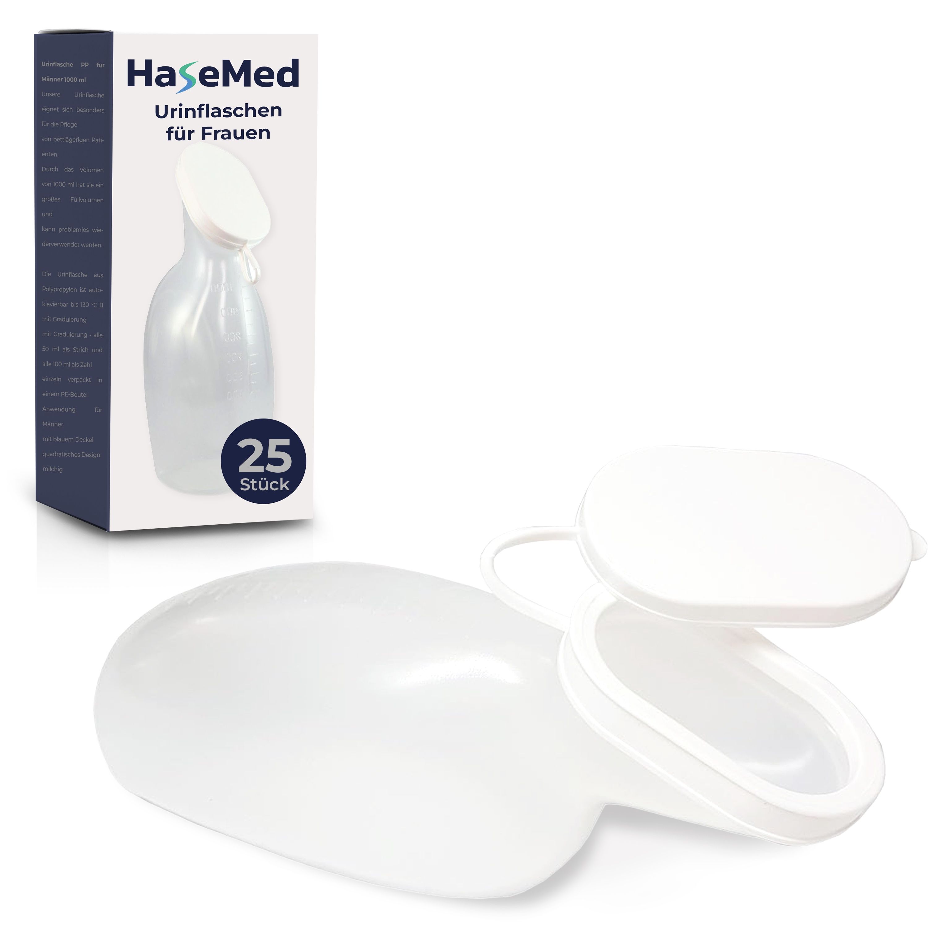 Urinflasche für Frauen, weißes PP, mit Deckel. Verpackung mit 25 Stück. Marke HaseMed.