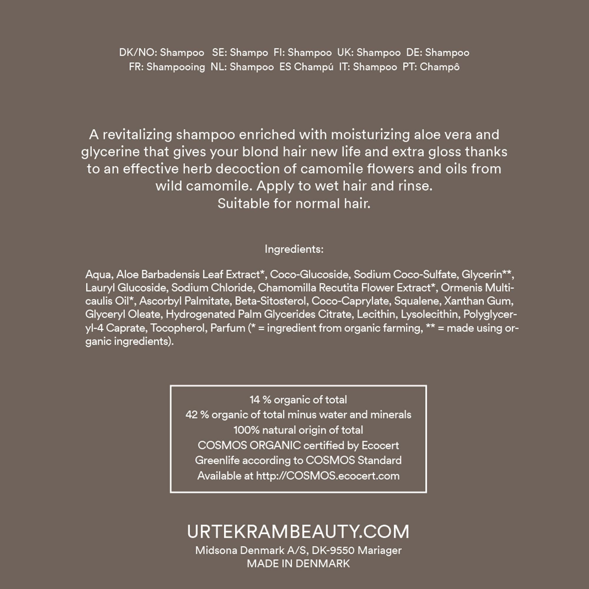 Text auf braunem Hintergrund. Inhaltsstoffe, Zertifizierungen, Urtekram-Kontaktinformationen. Hergestellt in Dänemark.