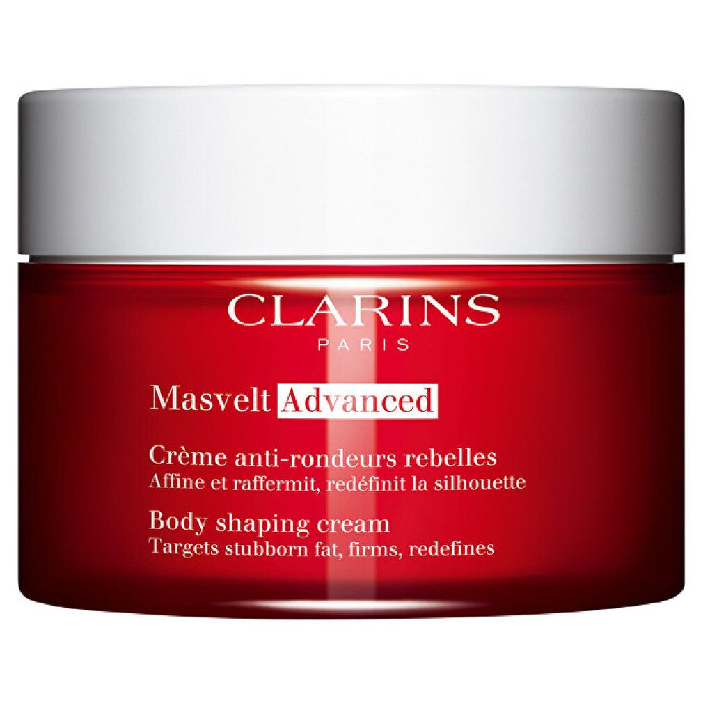 Roter Tiegel mit weißem Deckel. Aufschrift: Clarins, Masvelt Advanced, Body shaping cream.