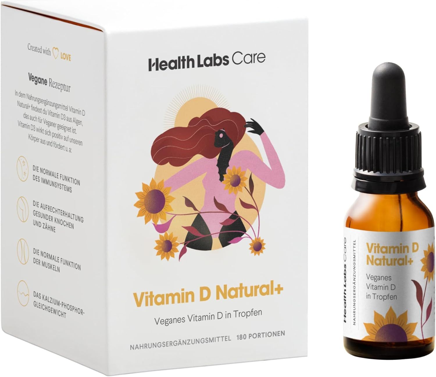 Schachtel und Flasche. Aufschrift: Health Labs Care, Vitamin D Natural+. Veganes Vitamin D in Tropfen. Nahrungsergänzungsmittel.