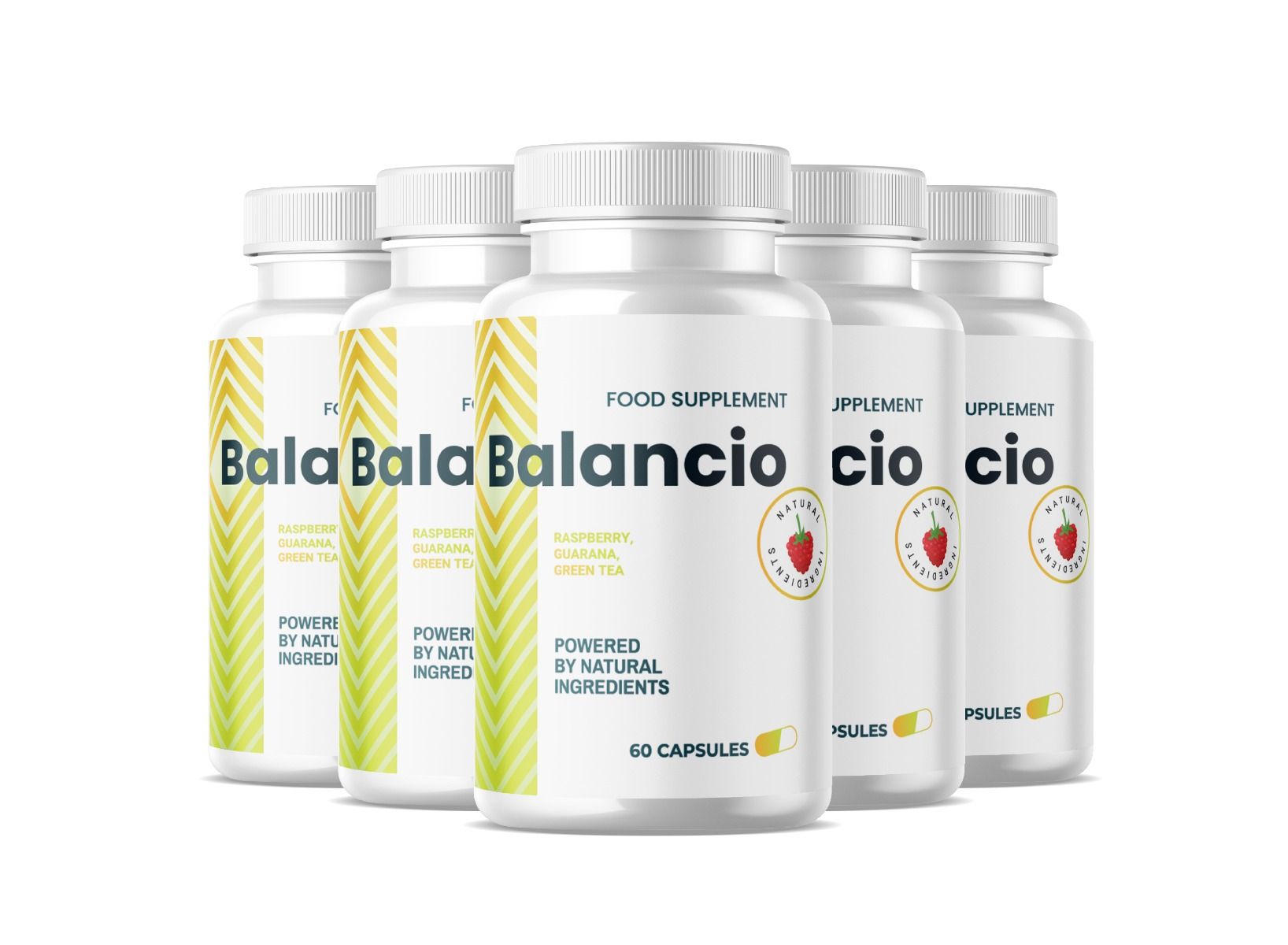 Fünf Flaschen Balancio Nahrungsergänzungsmittel. Weiße Flaschen mit 60 Kapseln. Aufschrift: Erdbeere, natürliche Inhaltsstoffe.