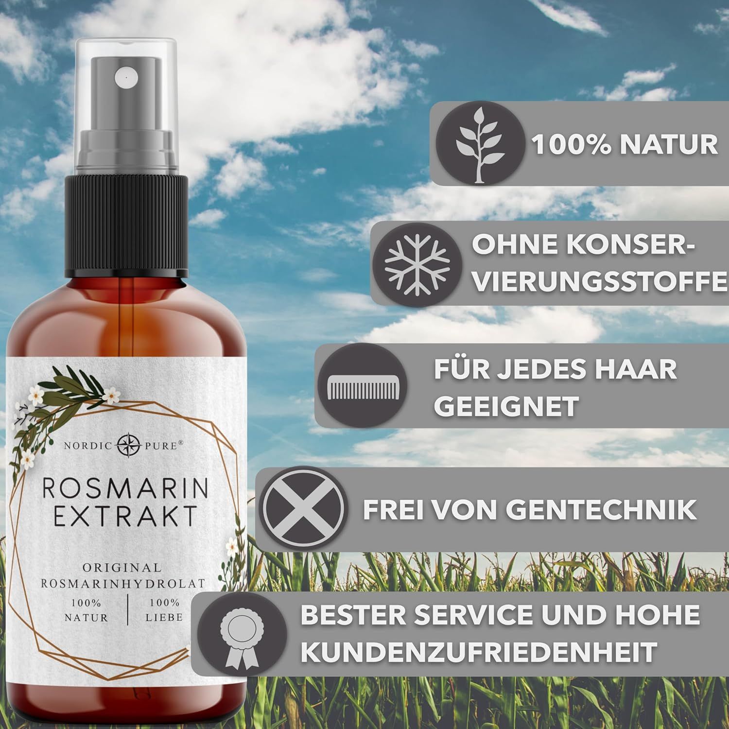 Braune Sprühflasche mit Etikett. Text: Rosmarin Extrakt. Logos: 100% Natur, Ohne Konservierungsstoffe, Für jedes Haar geeignet.