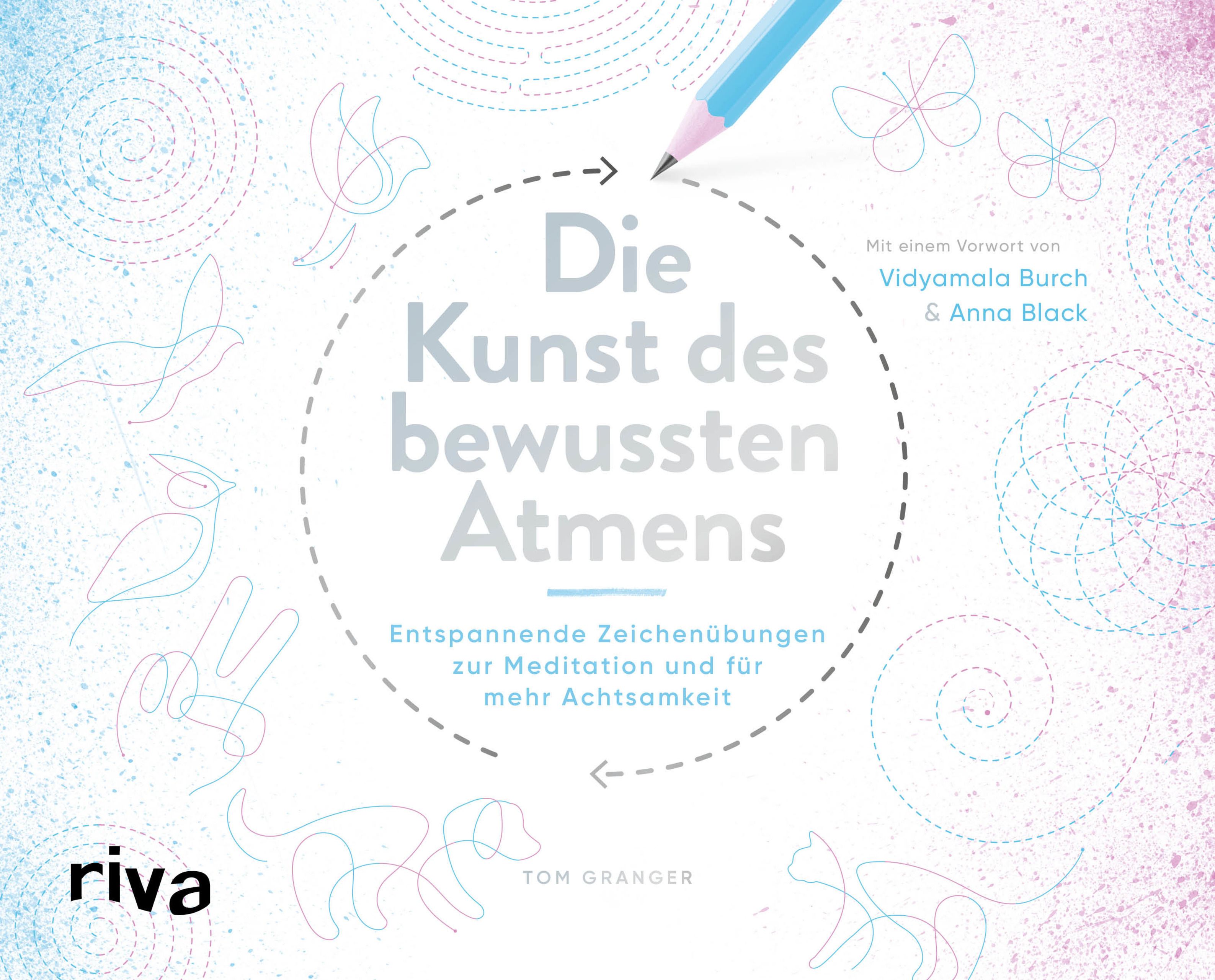 Buchcover: "Die Kunst des bewussten Atmens". Titel in Großbuchstaben. Illustrationen von Tieren und Formen. Riva-Logo.