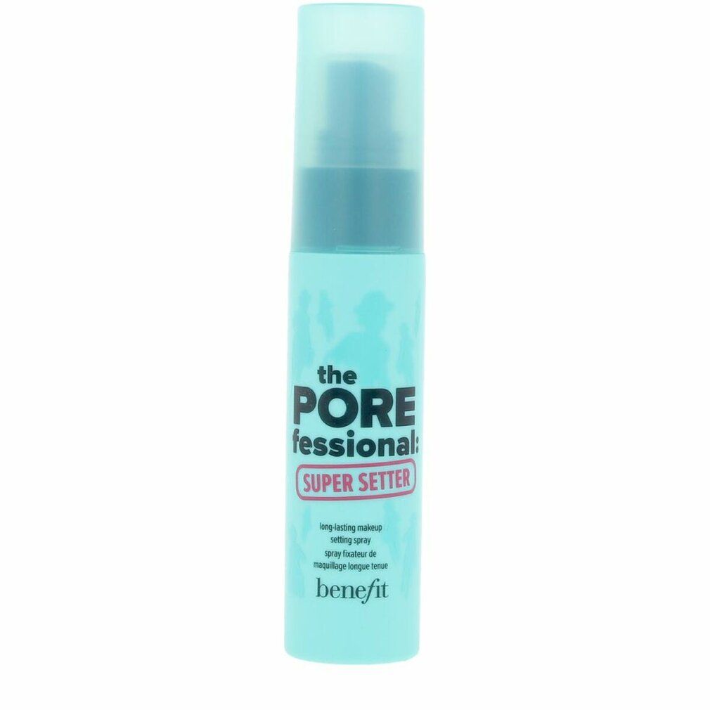 Türkisgrüne Sprühflasche mit weißem Aufdruck. Text: Porefessional Super Setter. Marke: Benefit. Transparenter Deckel.