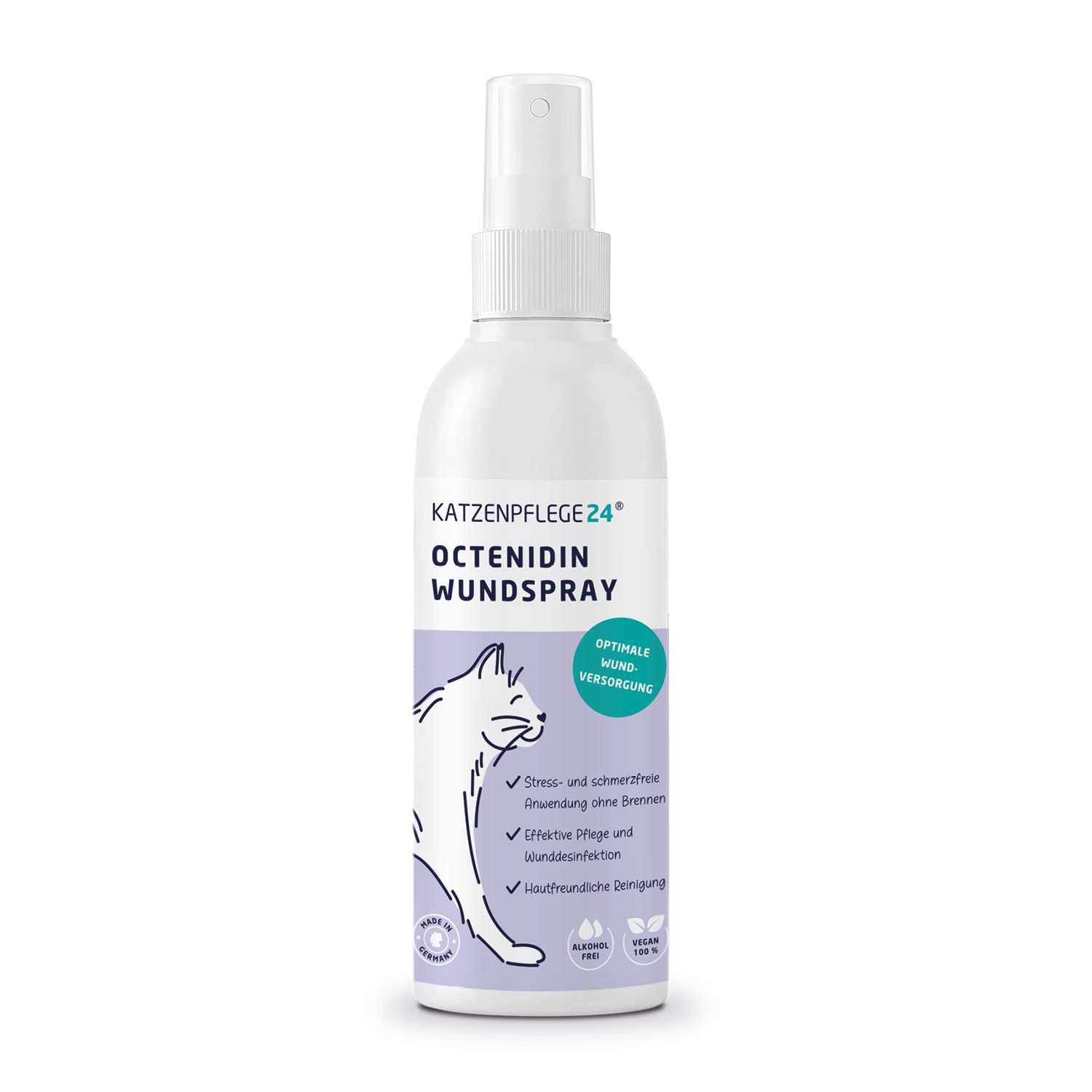 Weiße Sprühflasche mit Produktnamen und Katzenabbildung. Text: Octenidin Wundspray, optimale Wundversorgung, alkoholfrei.
