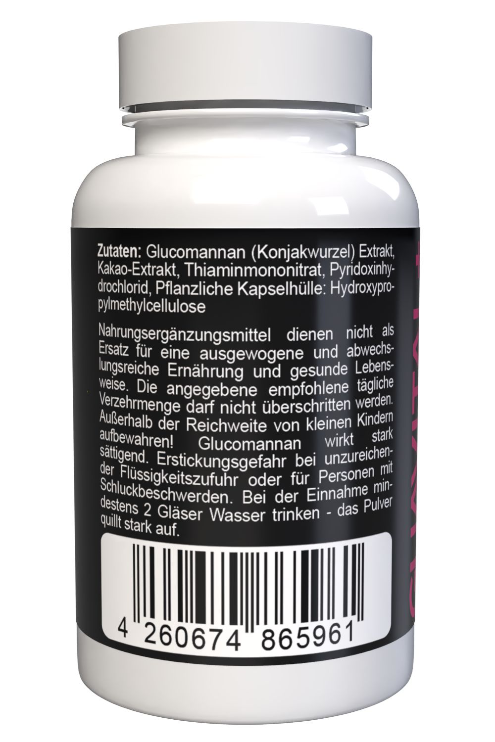 Rückseite einer weißen Kapsel-Dose. Schwarzes Etikett mit Zutatenliste und Warnhinweisen. Barcode unten.