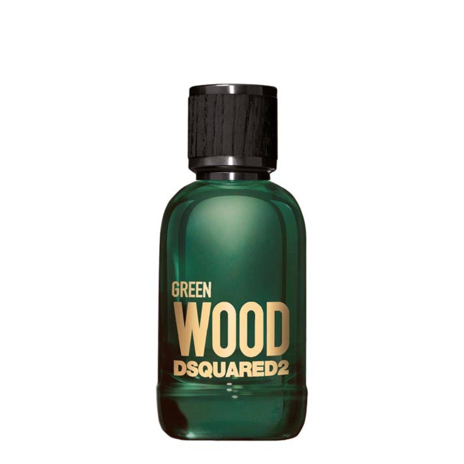 Flacone in vetro verde con tappo nero. Scritta: Green Wood, Dsquared2.