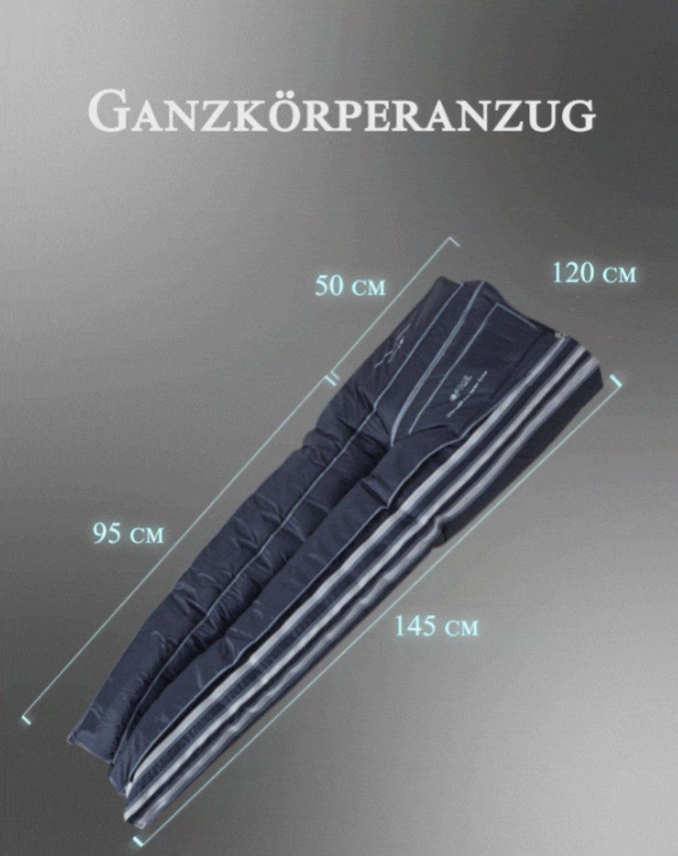 Ganzkörperanzug, grau mit weißen Streifen. Maße: 145 cm x 120 cm x 95 cm x 50 cm. Text: Ganzkörperanzug.