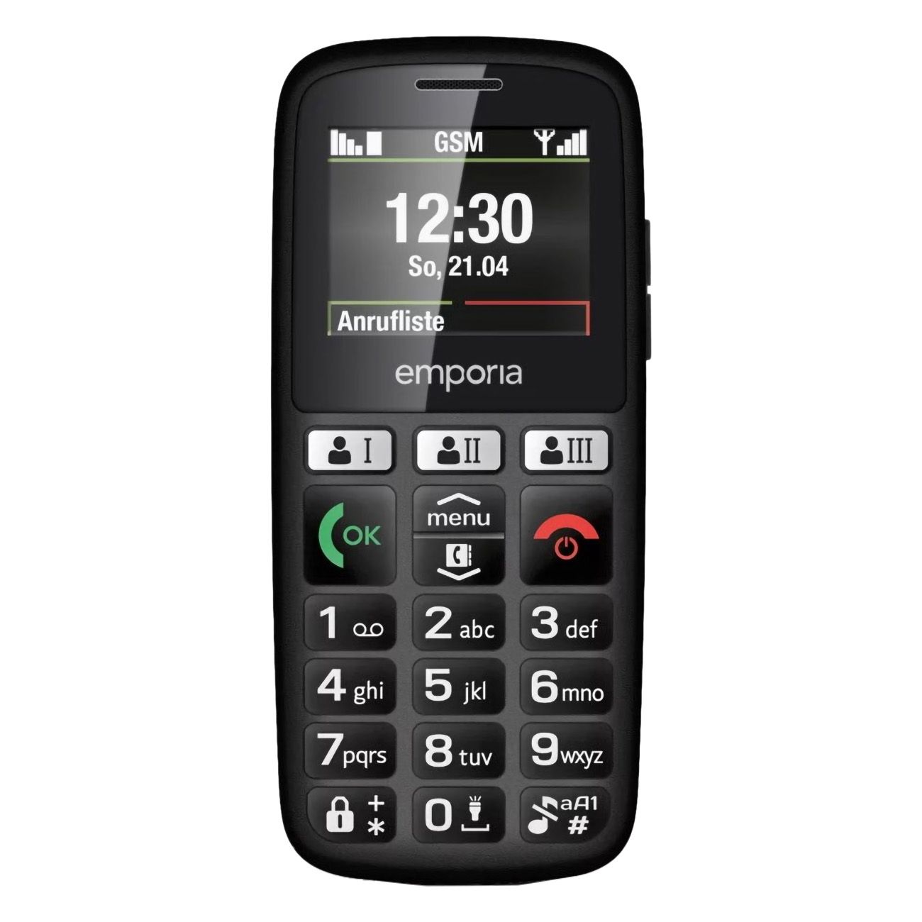 Schwarzes Mobiltelefon mit Tasten und Display. Emporia-Logo und Uhrzeit. Vertikale Ausrichtung.