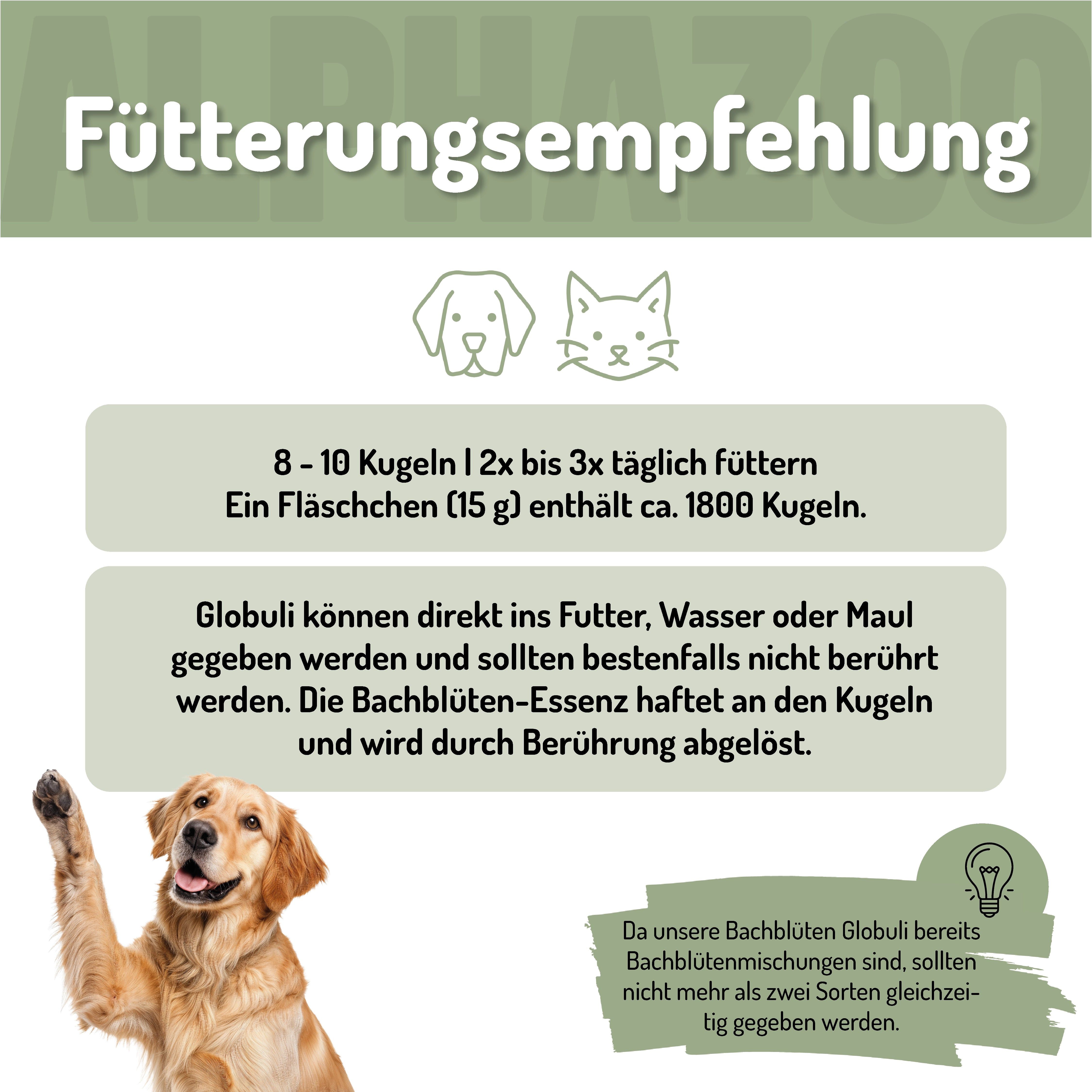 Fütterungsempfehlung. Text: 8-10 Kügelchen 2x bis 3x täglich füttern. Ein Fläschchen (15 g) enthält ca. 1800 Kügelchen. Globuli nicht berühren.