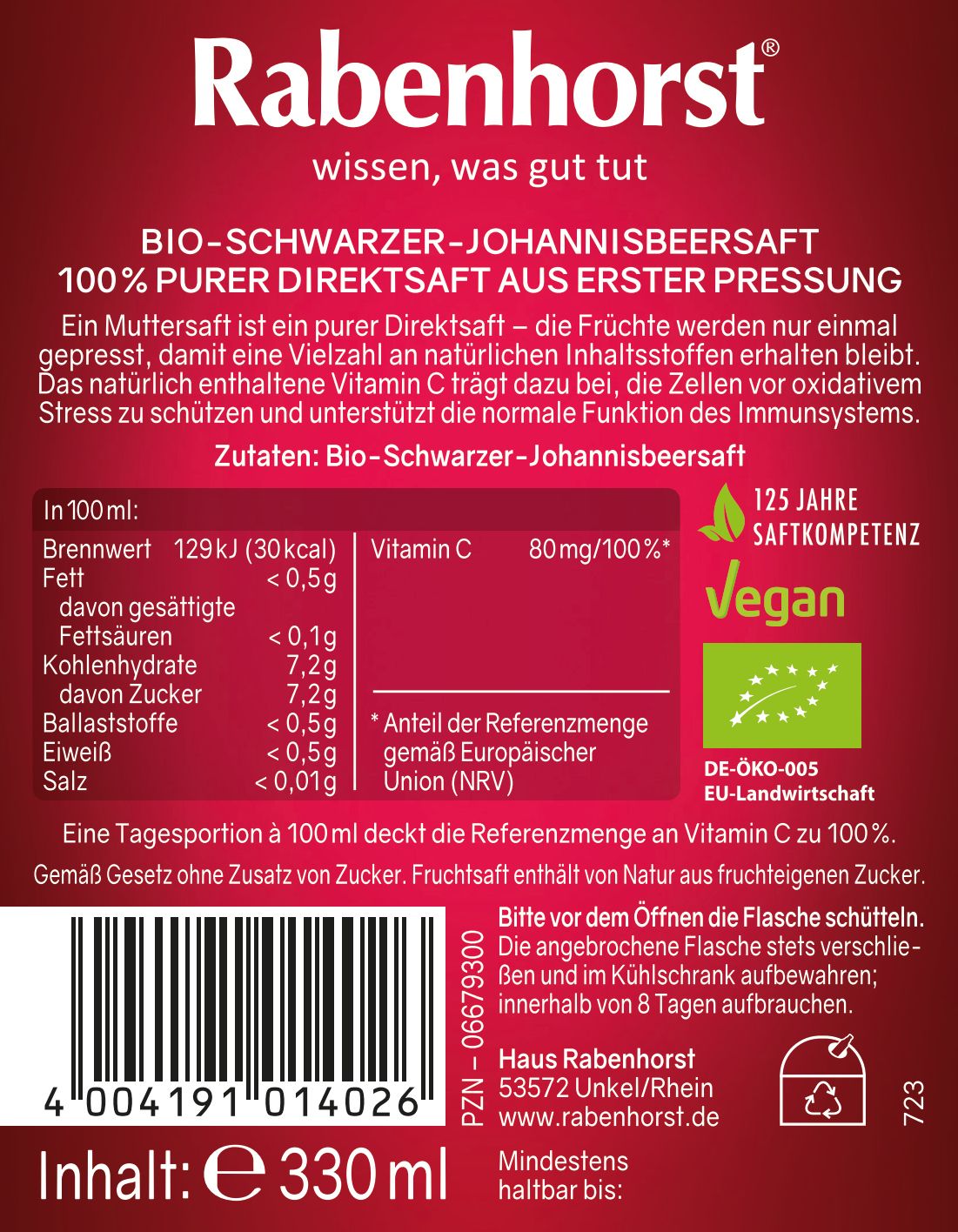 Rabenhorst Schwarzer Johannisbeer Muttersaft BIO