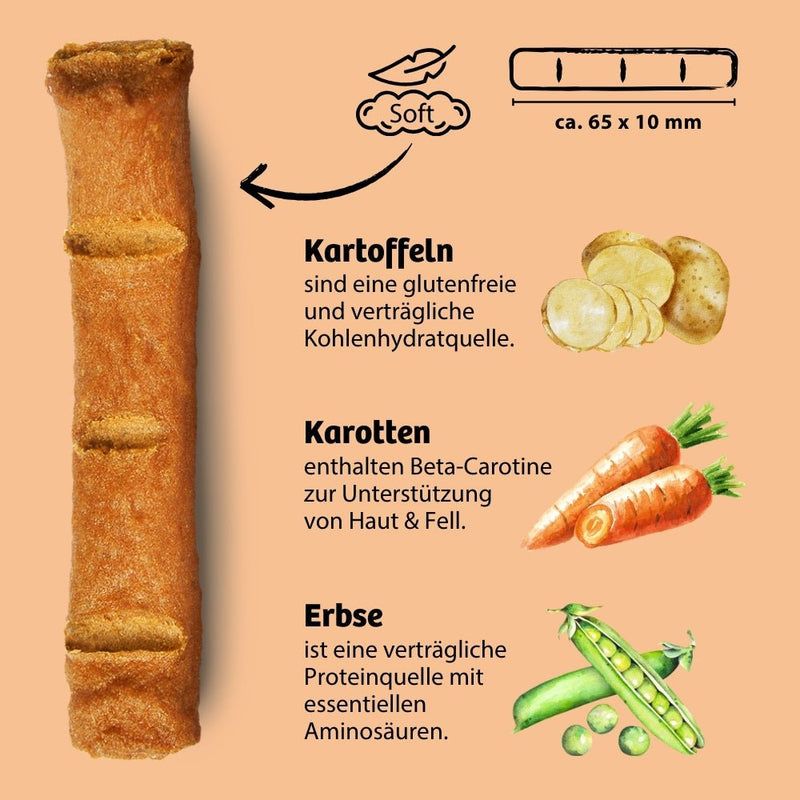 Ein weicher, länglicher Hundekauartikel, ca. 65x10 mm, mit Kartoffel-, Karotten- und Erbsenbestandteilen.