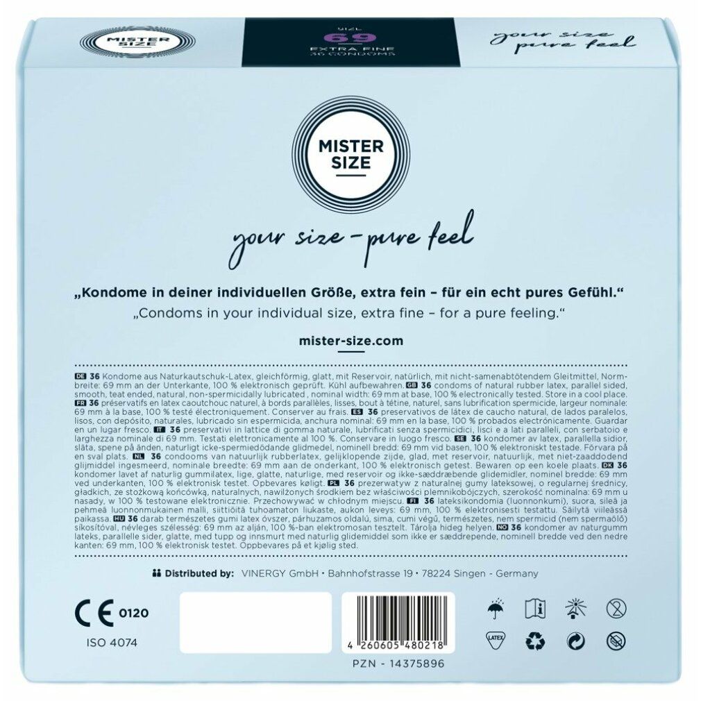 Rückseite der Verpackung von MISTER SIZE 69. Hellblaue Schachtel mit Text und Logos. CE-Kennzeichnung.
