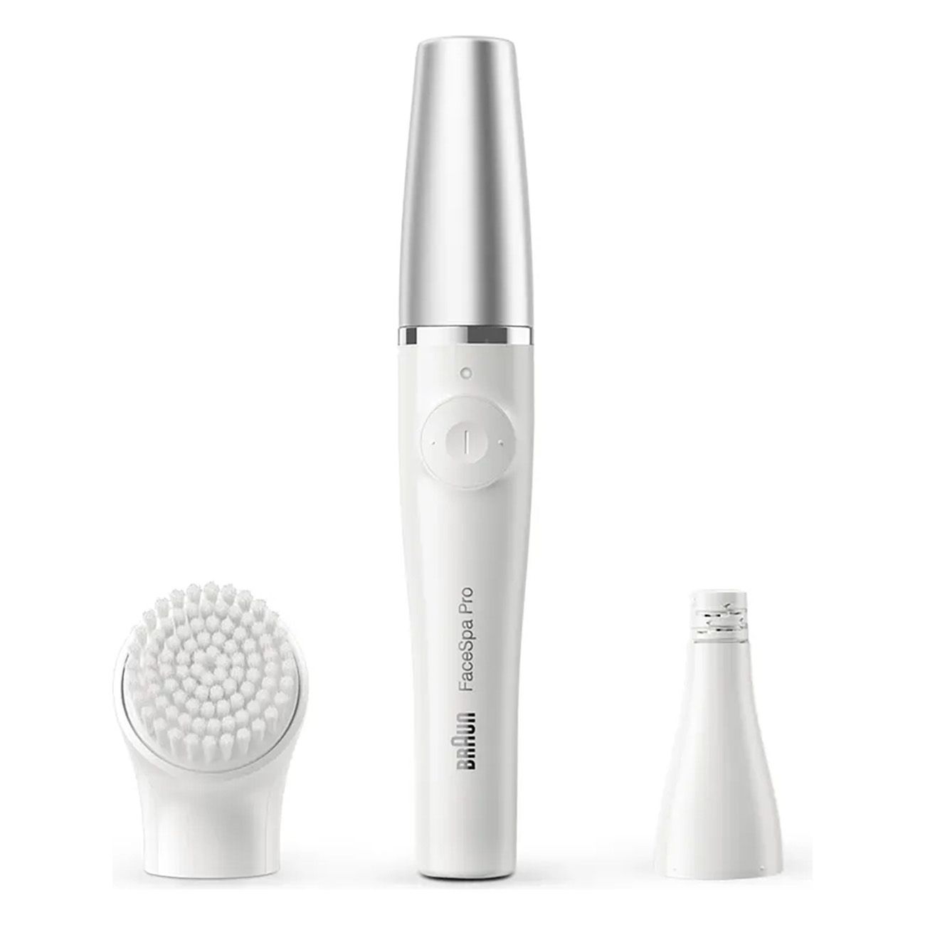 Weißes Gerät mit silberner Spitze, Bürstenaufsatz und Aufsatz. Aufschrift FaceSpa Pro und Braun.