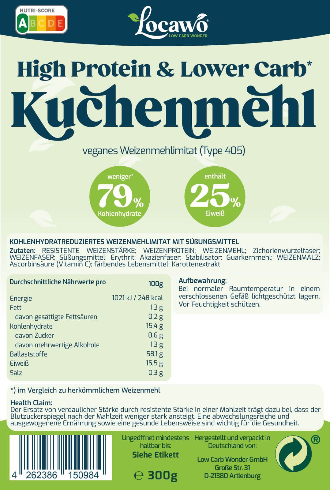 Verpackung von Locawo High Protein & Low Carb Kuchenmehl. Enthält Nährwertangaben und Produktinformationen.