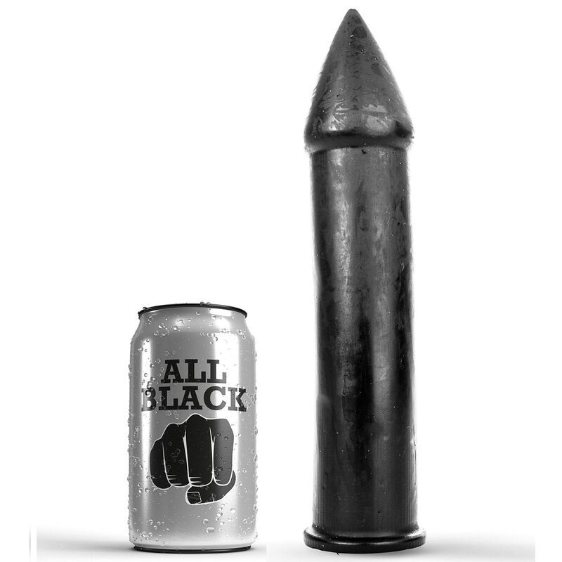 Schwarzer Dildo mit Spitze, neben einer Dose "ALL BLACK".