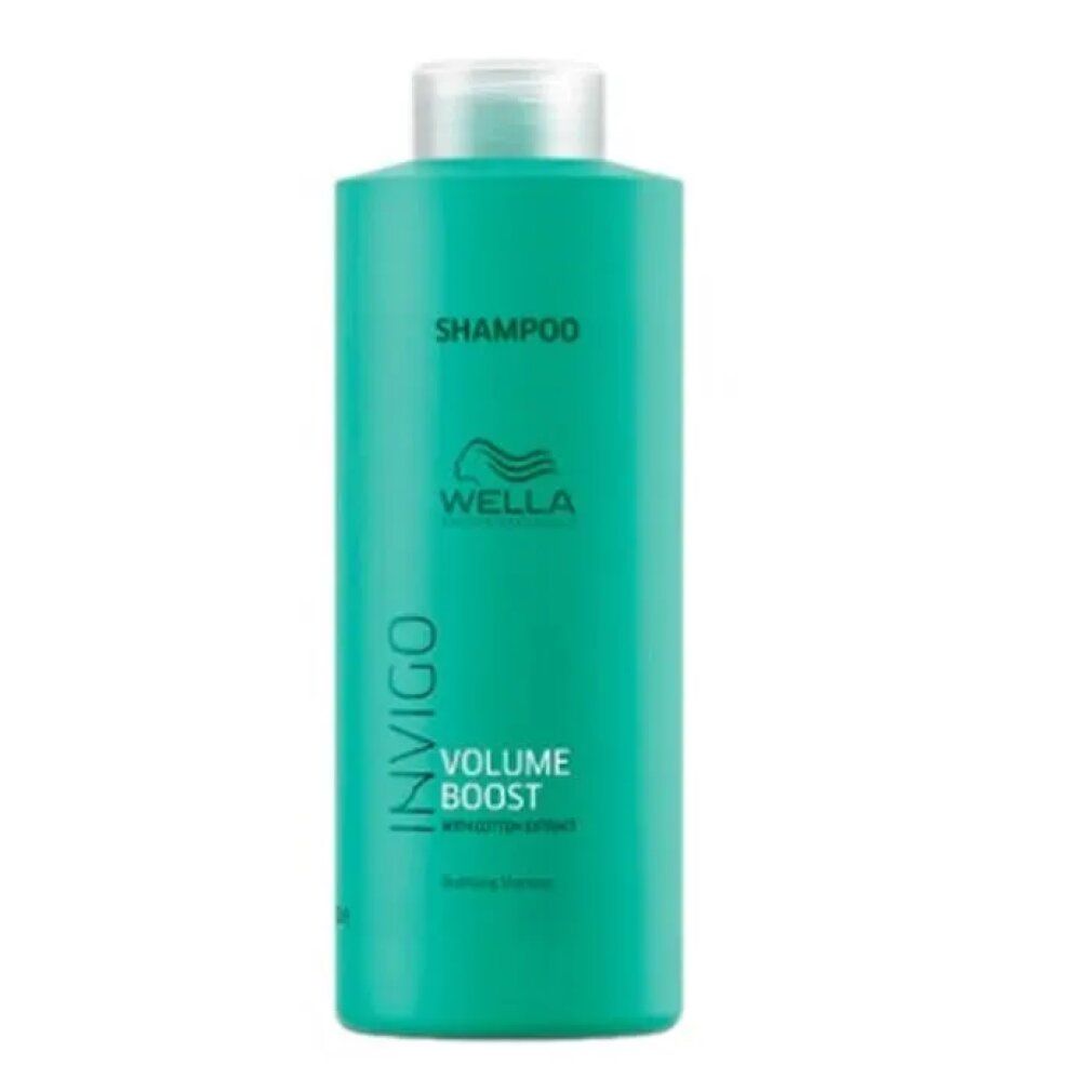 Grüne Shampoo-Flasche mit weißem Deckel. Aufschrift: SHAMPOO, WELLA, INVIGO, VOLUME BOOST. Text: Bodifying Shampoo.
