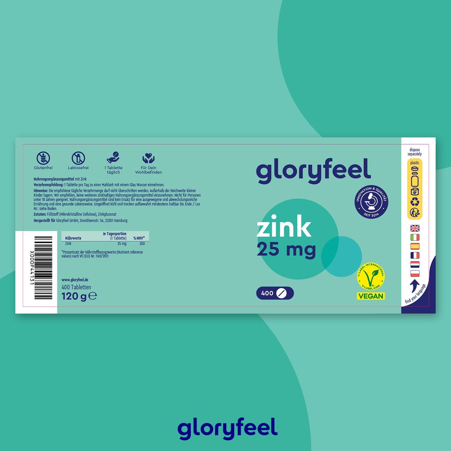 Grünes Etikett mit Aufschrift: gloryfeel, Zink 25 mg, 400 Tabletten, vegan. Enthält Informationen und Logos.