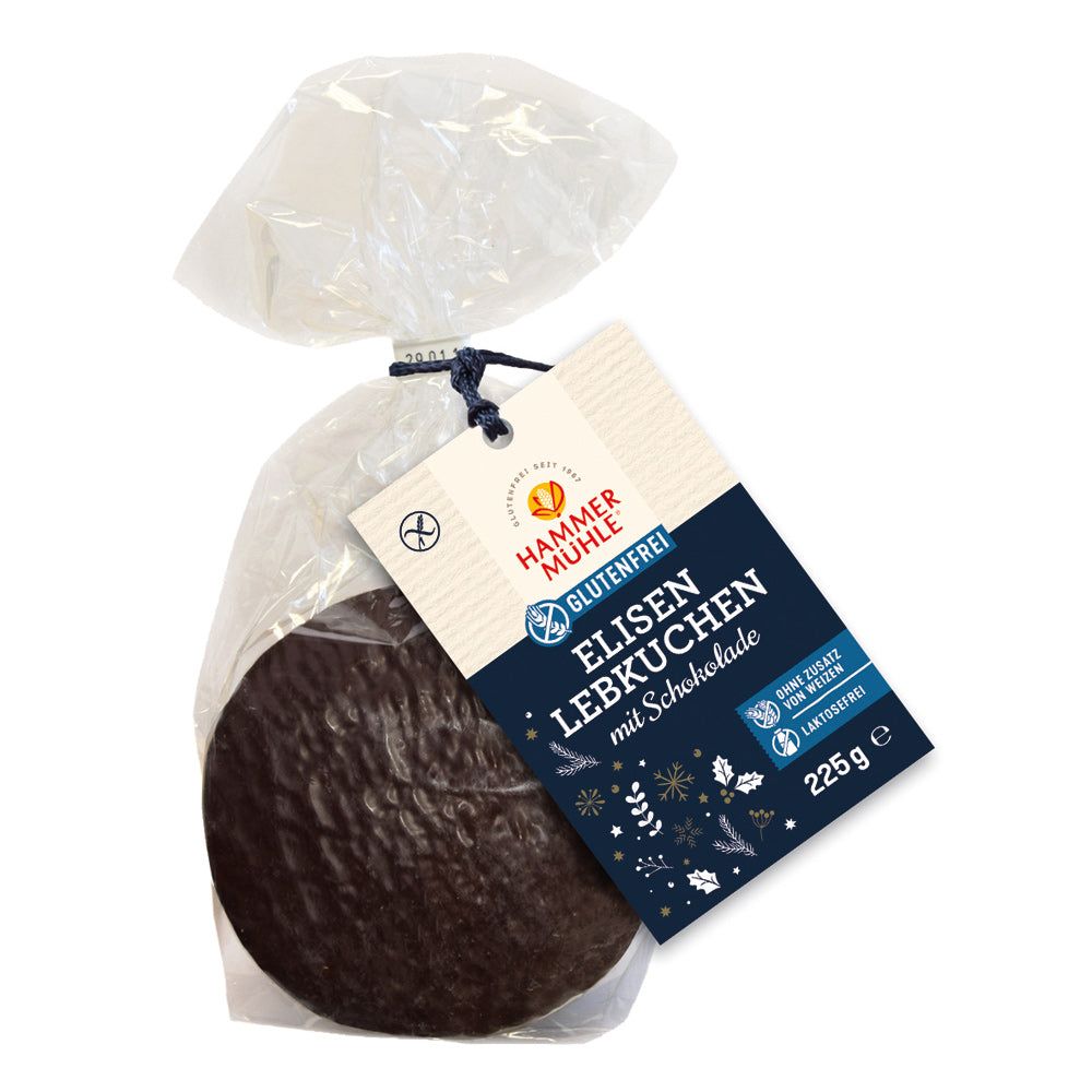 Elisenlebkuchen in Folienverpackung mit Anhänger. Glutenfrei, mit Schokolade. Marke Hammermühle. 225g.