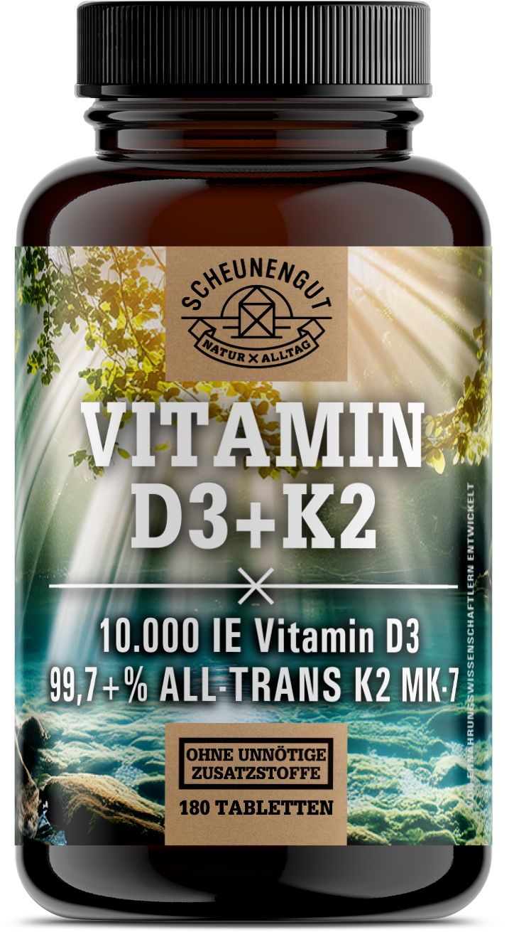 Braune Flasche Vitamin D3+K2 Tabletten. Aufschrift: 10.000 IE Vitamin D3, 180 Tabletten. Text: Ohne unnötige Zusatzstoffe.