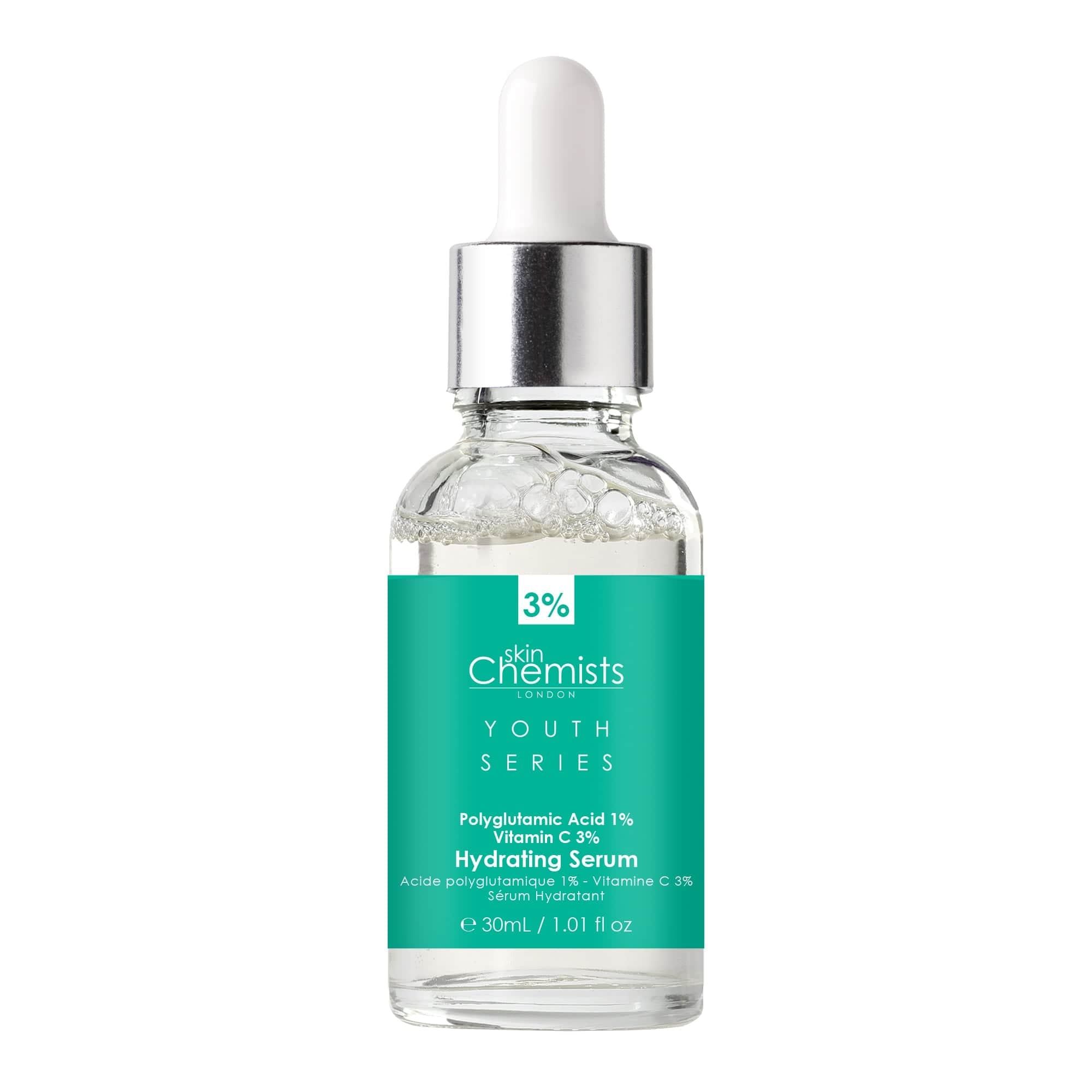 Klarflüssiges Serum in einer Glasflasche mit Pipette. Aufschrift: skinChemists, Youth Series, Hydrating Serum.