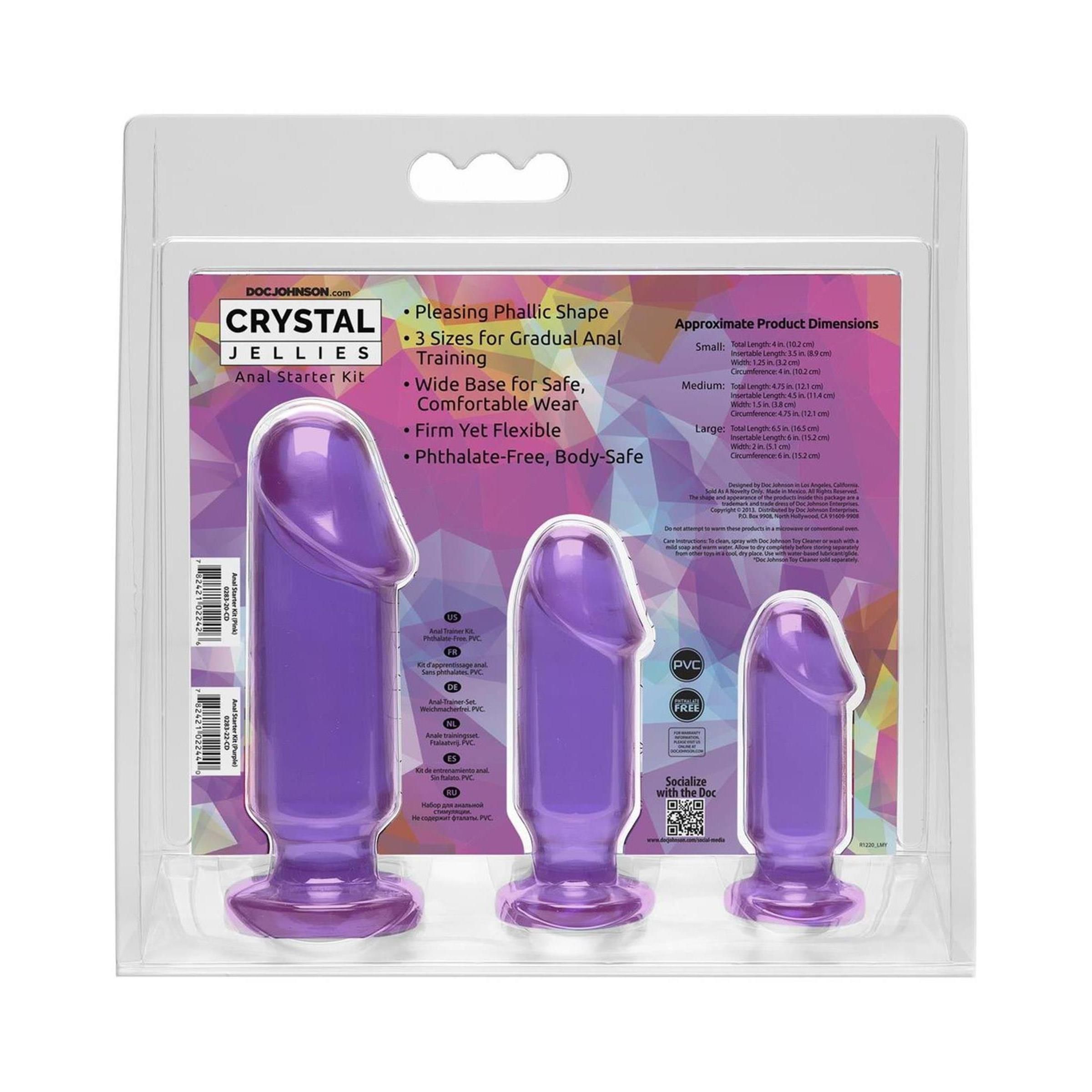 Anal Starter Kit mit drei unterschiedlich großen, lilafarbenen Dildos in einer transparenten Verpackung. Produktinformationen auf der Rückseite.