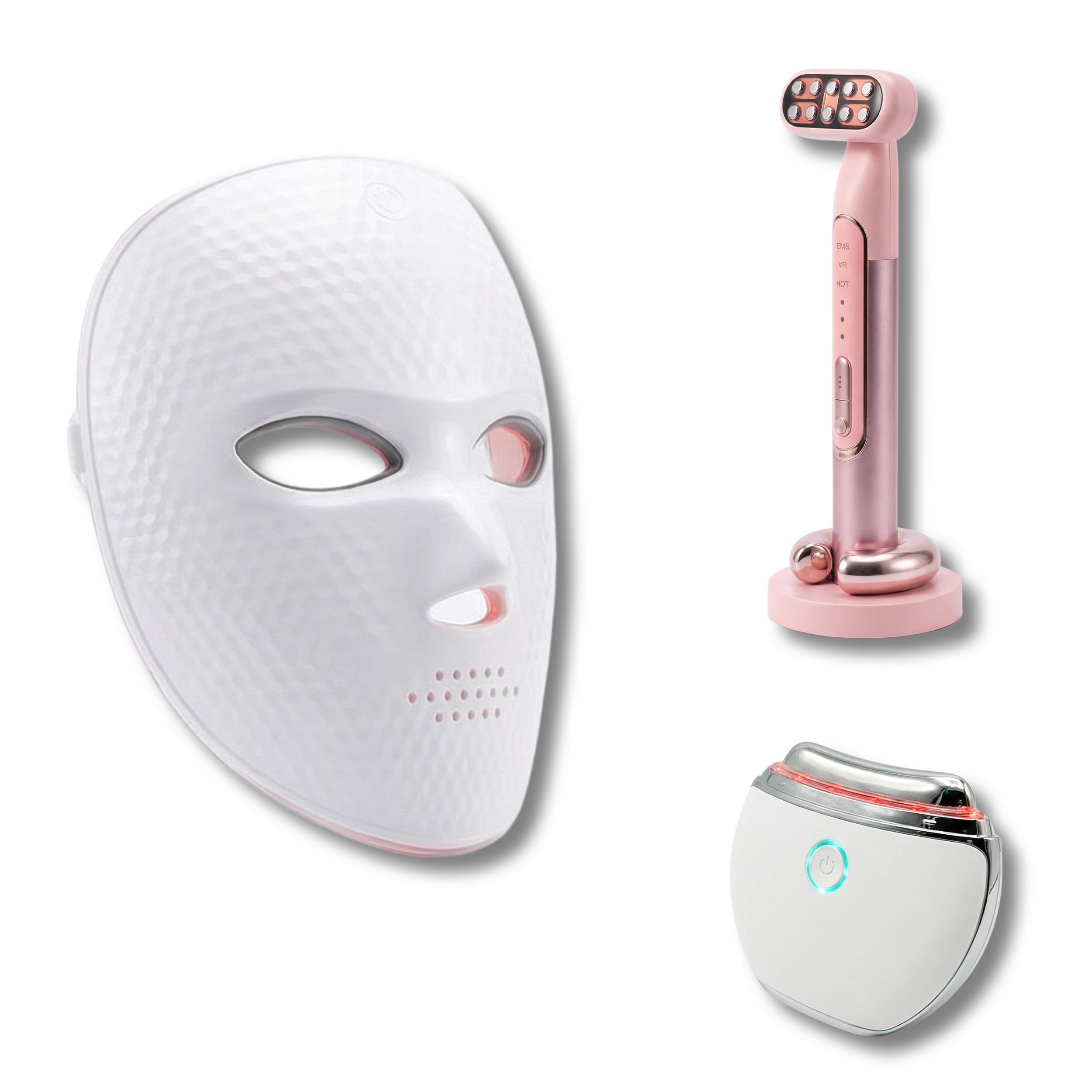 LED-Gesichtsmaske, RF-EMS-Gerät und Gua-Sha-Massager auf weißem Hintergrund.