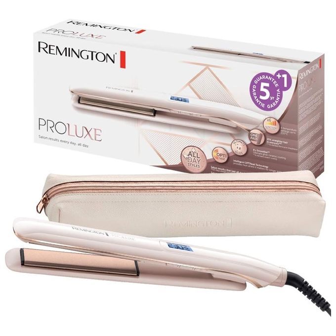 Haarglätter mit Verpackung und Etui. Beige und weiß. Marke Remington Proluxe. Mit Garantie-Logo.