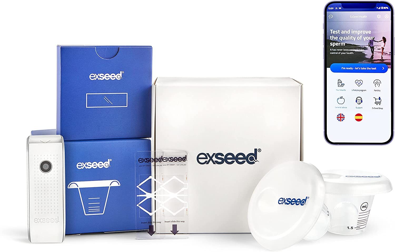 ExSeed-Testkit. Blaue Kartons, weiße Box mit Logo, Smartphone mit App-Anzeige, Becher und Testgerät.