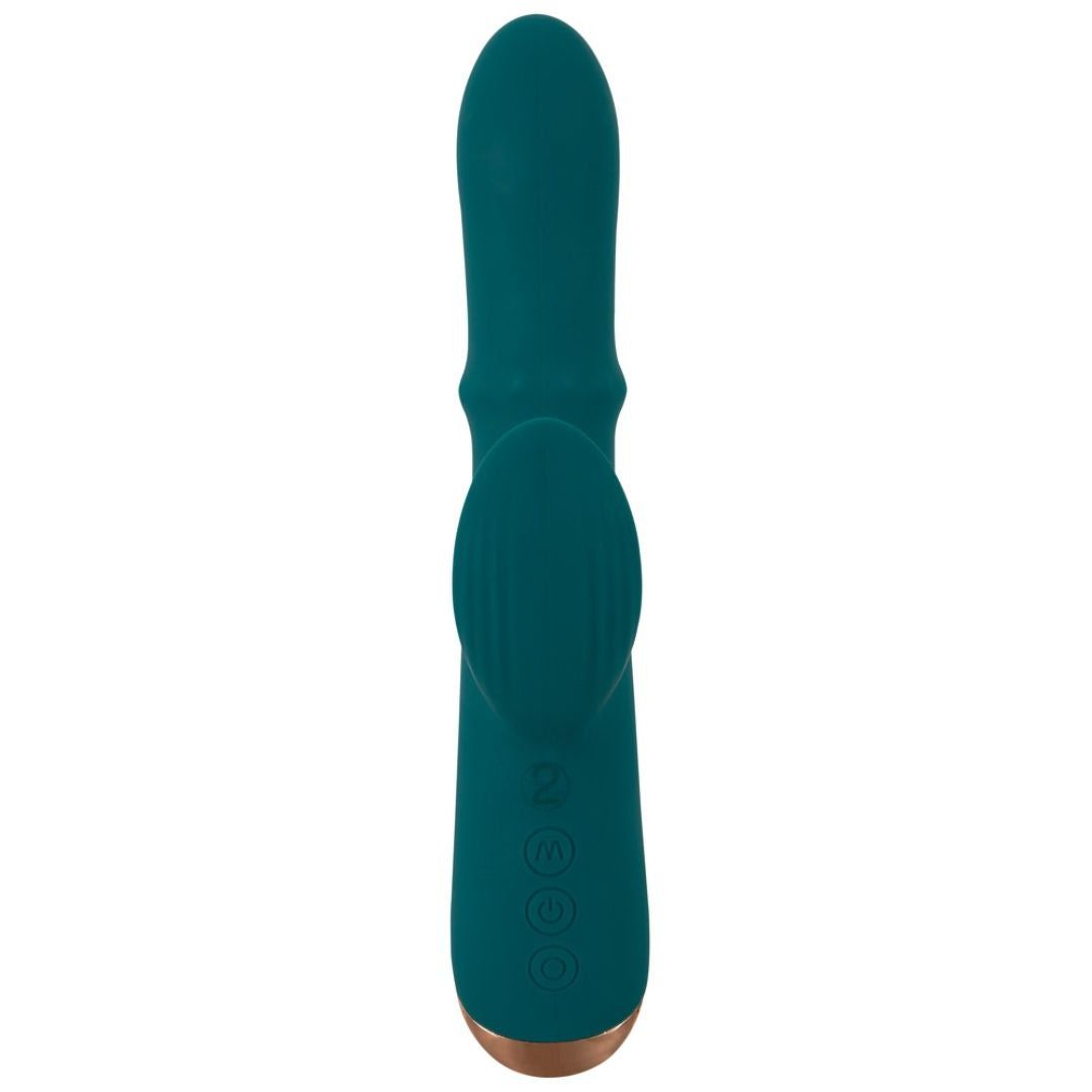 Türkis Vibrator mit Massagering und Klopf-Funktion. Goldfarbene Basis, drei Knöpfe. Frontale Ansicht.
