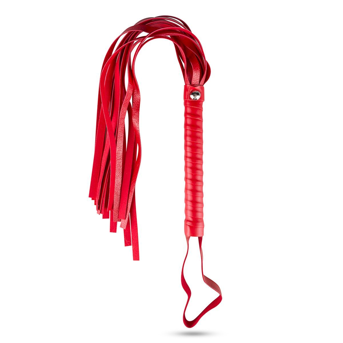 Rote Peitsche mit Lederriemen. Griff mit Wicklung. Riemen an der Spitze.