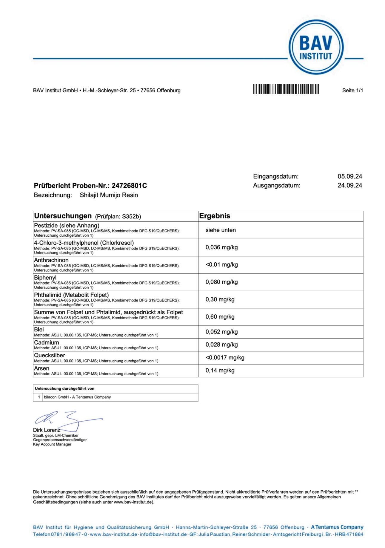 Laborbericht des BAV Instituts. Ergebnisse der Pestiziduntersuchung von Shilajit Mumijo Resin.