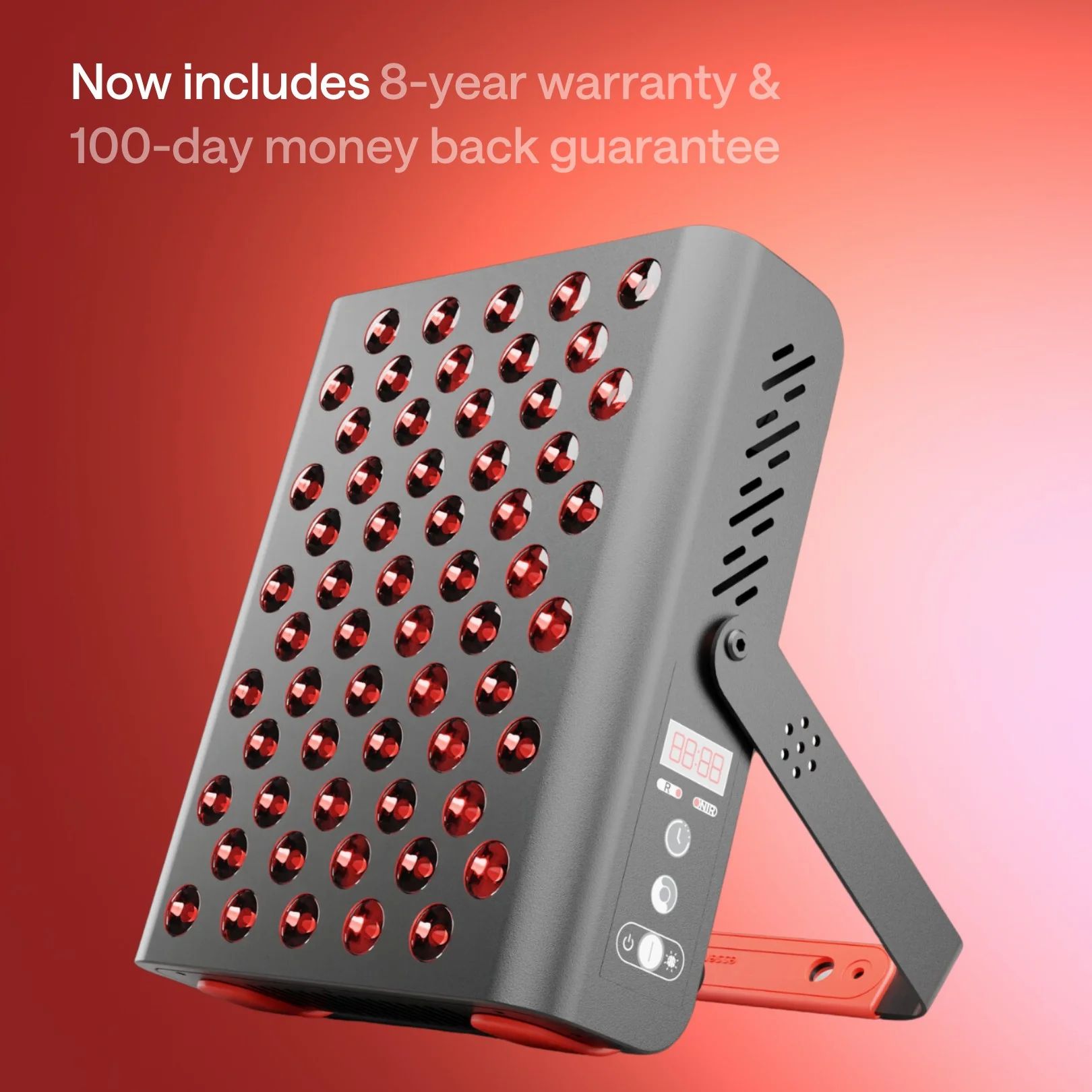 Graues Gerät mit roten Lichtern, Ständer. Rechteckige Form, viele runde Öffnungen. Text: 8 Jahre Garantie.